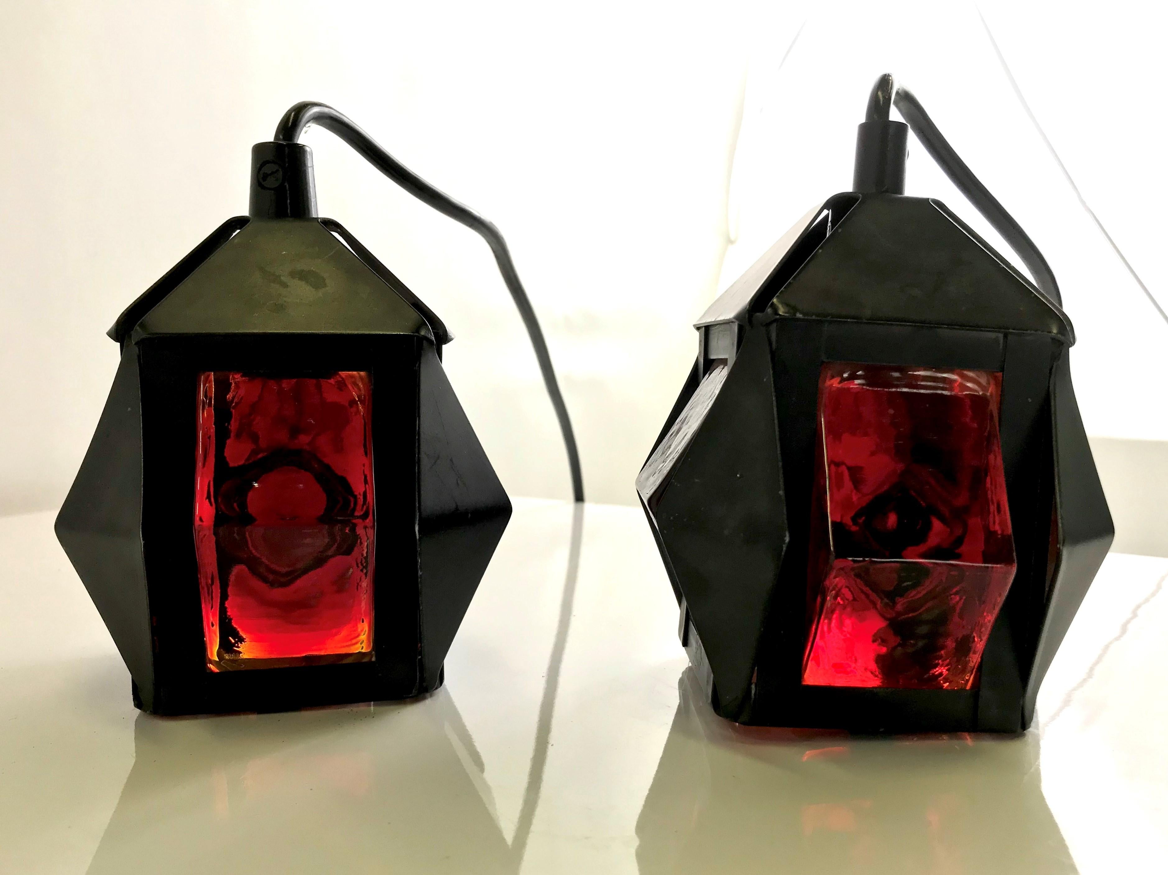 Swedish Scandinavian Modern Pair Petite Hoglund Style Red Glass Pendant Lights Sweden  For Sale