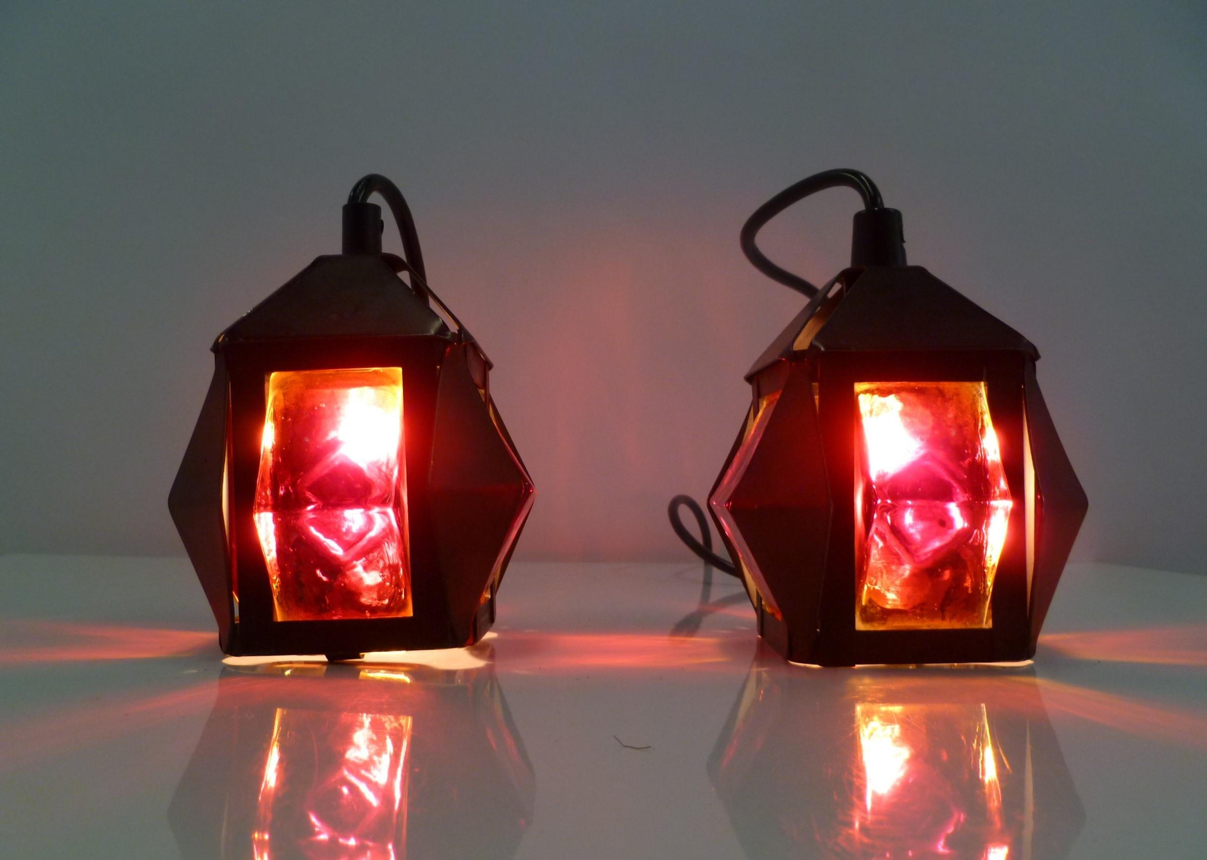 Scandinavian Modern Pair Petite Hoglund Style Red Glass Pendant Lights Sweden  In Good Condition For Sale In Miami, FL