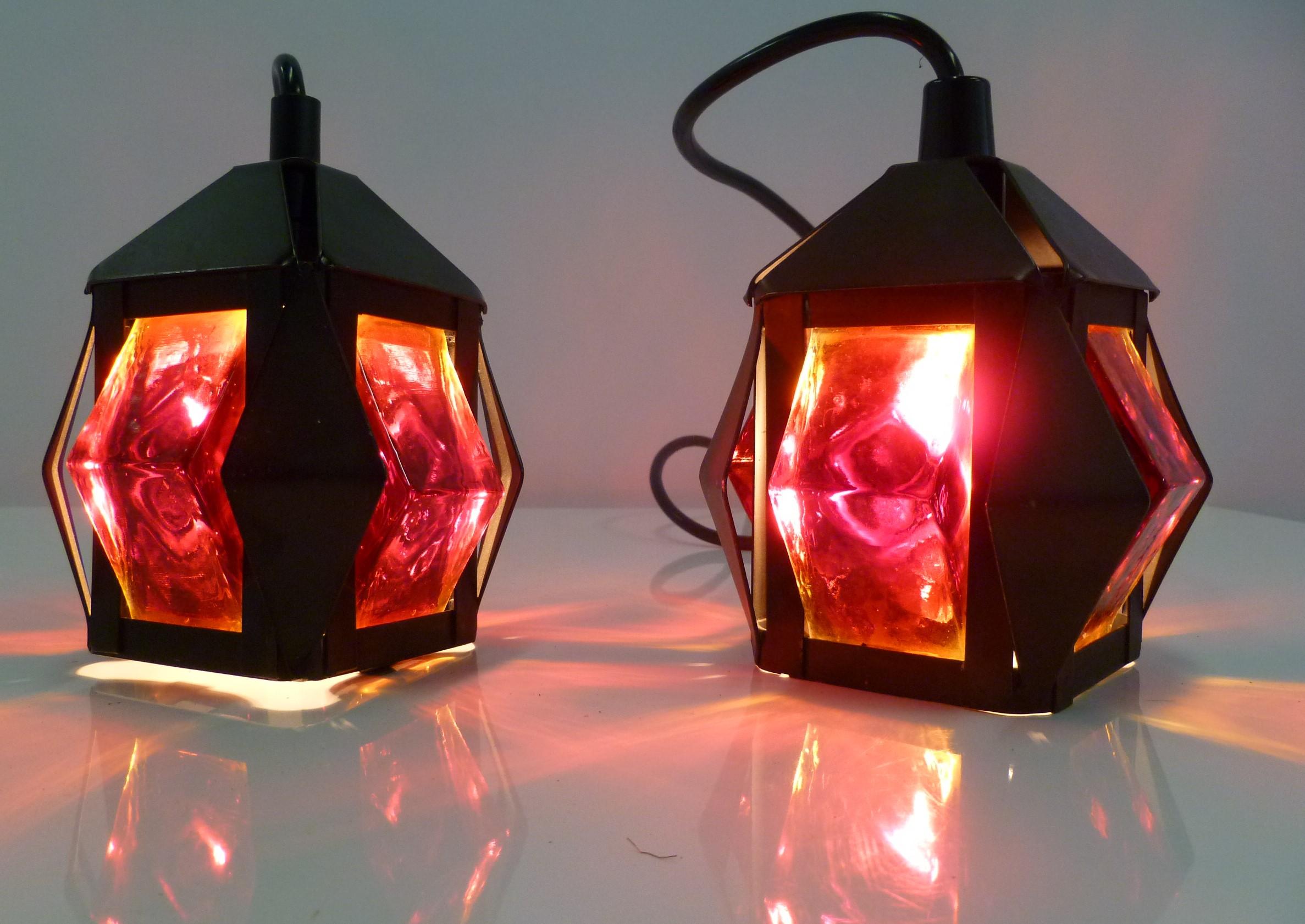 Mid-20th Century Scandinavian Modern Pair Petite Hoglund Style Red Glass Pendant Lights Sweden  For Sale