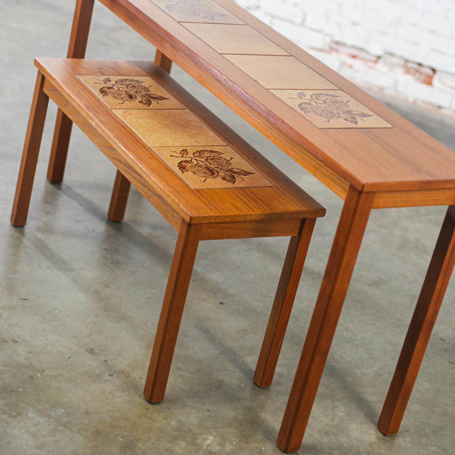 Scandinavian Modern Pair of Teak Nesting Sofa Console Tables w/Tile Insert Tops For Sale 4