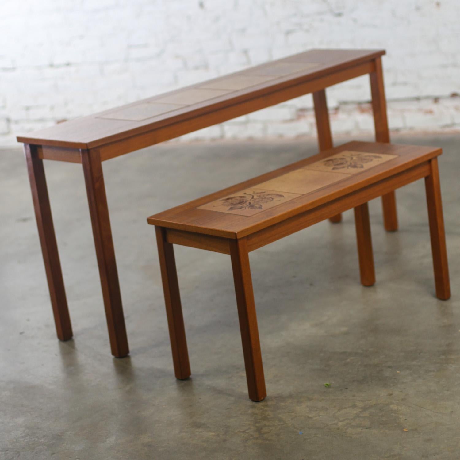 Scandinavian Modern Pair of Teak Nesting Sofa Console Tables w/Tile Insert Tops For Sale 7