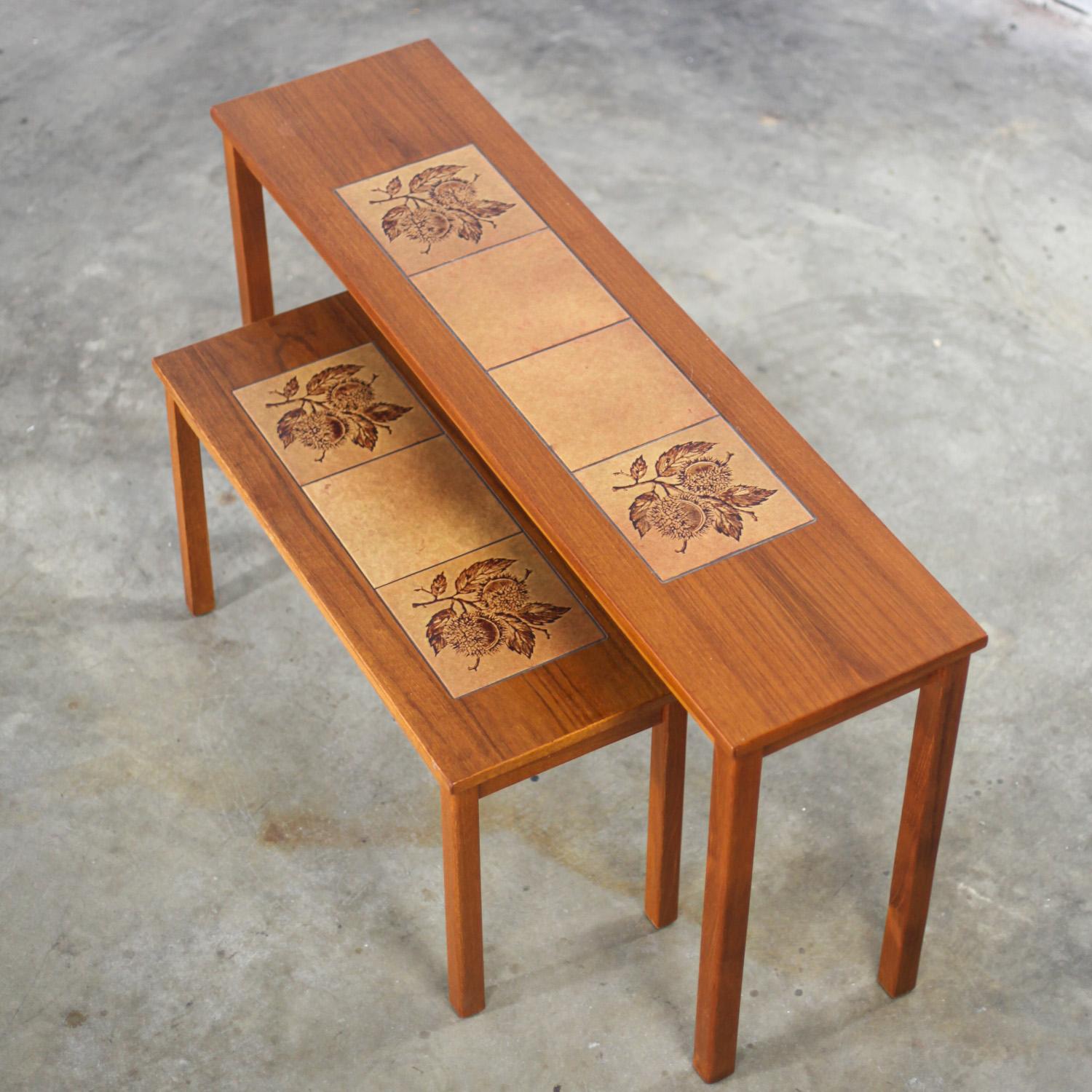 Scandinavian Modern Pair of Teak Nesting Sofa Console Tables w/Tile Insert Tops For Sale 8