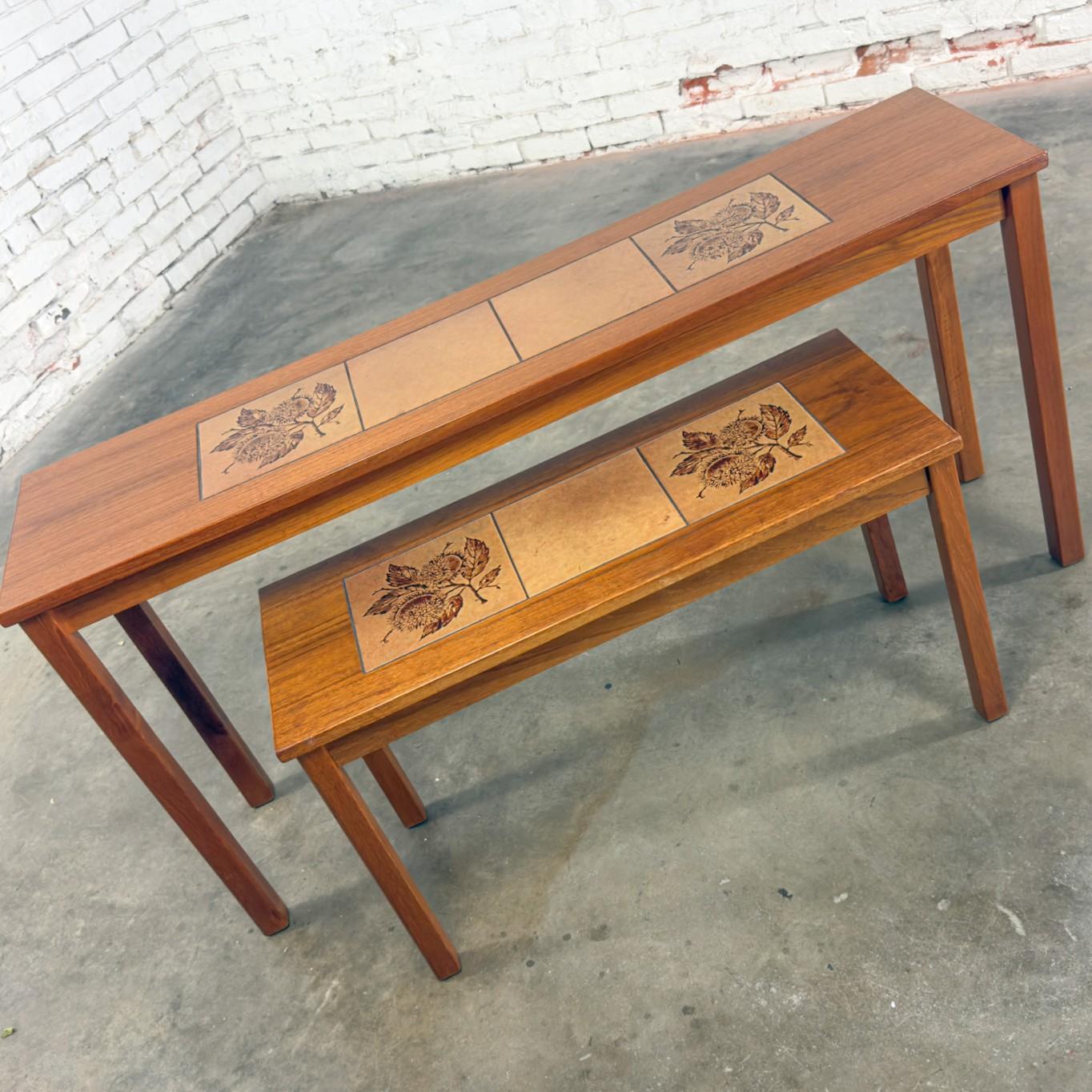 Scandinavian Modern Pair of Teak Nesting Sofa Console Tables w/Tile Insert Tops For Sale 13