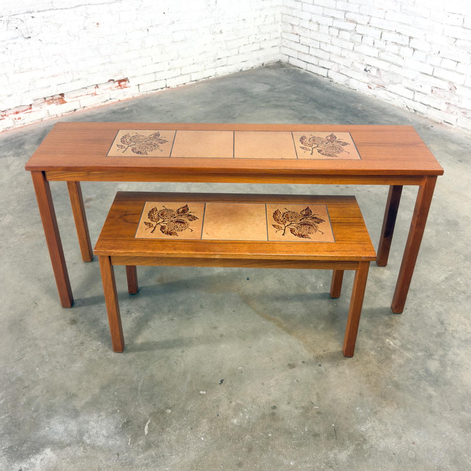 Scandinavian Modern Pair of Teak Nesting Sofa Console Tables w/Tile Insert Tops For Sale 14