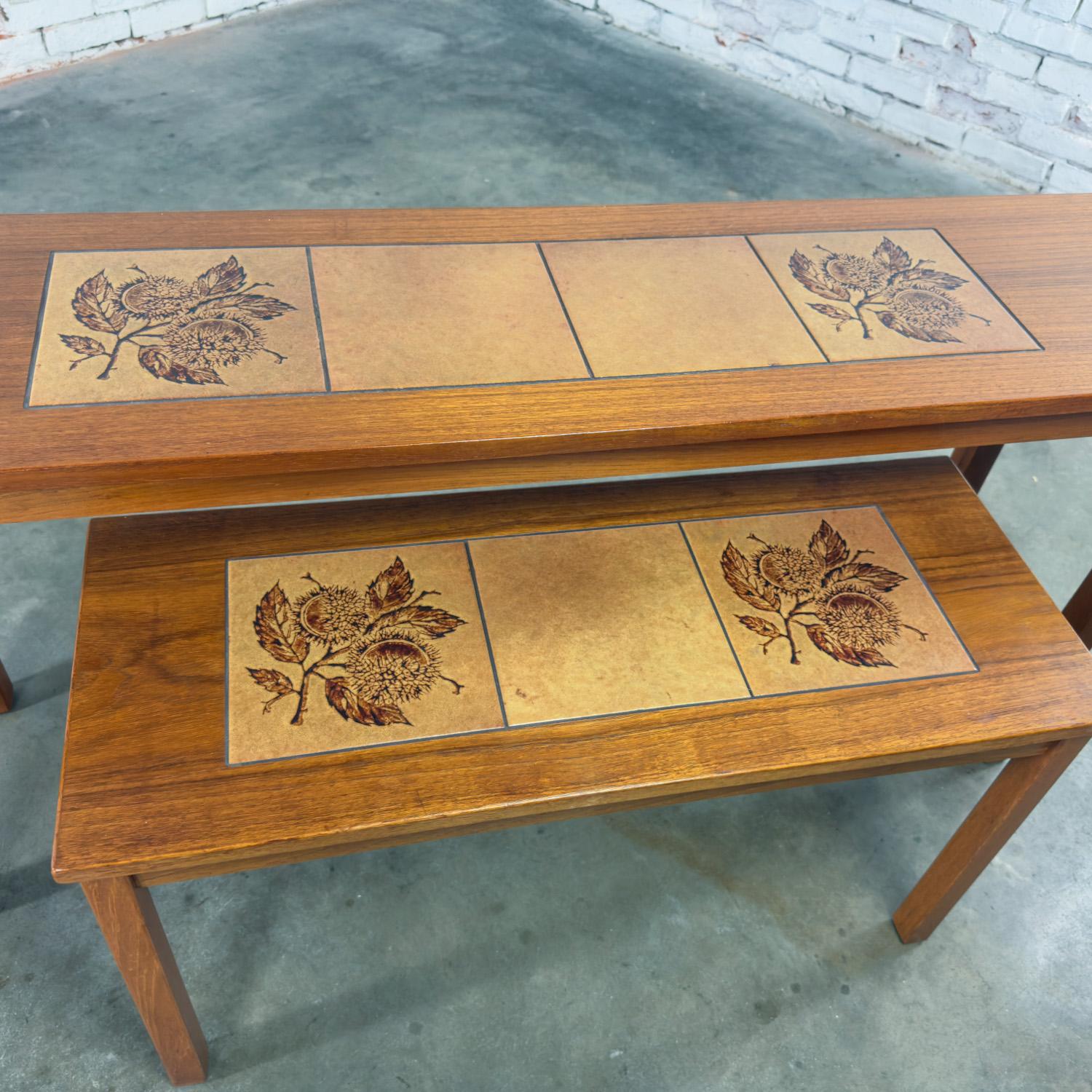 Danish Scandinavian Modern Pair of Teak Nesting Sofa Console Tables w/Tile Insert Tops For Sale