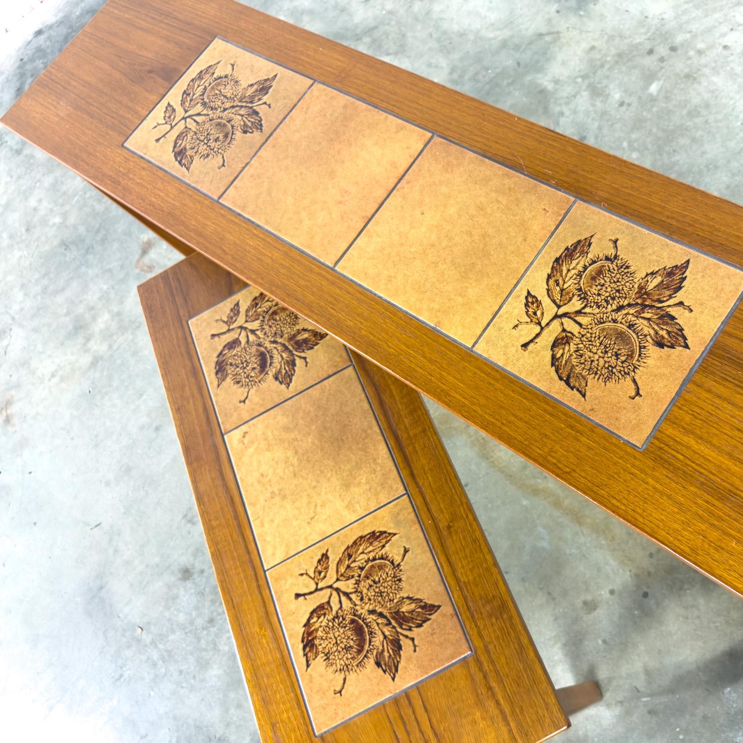 20th Century Scandinavian Modern Pair of Teak Nesting Sofa Console Tables w/Tile Insert Tops For Sale
