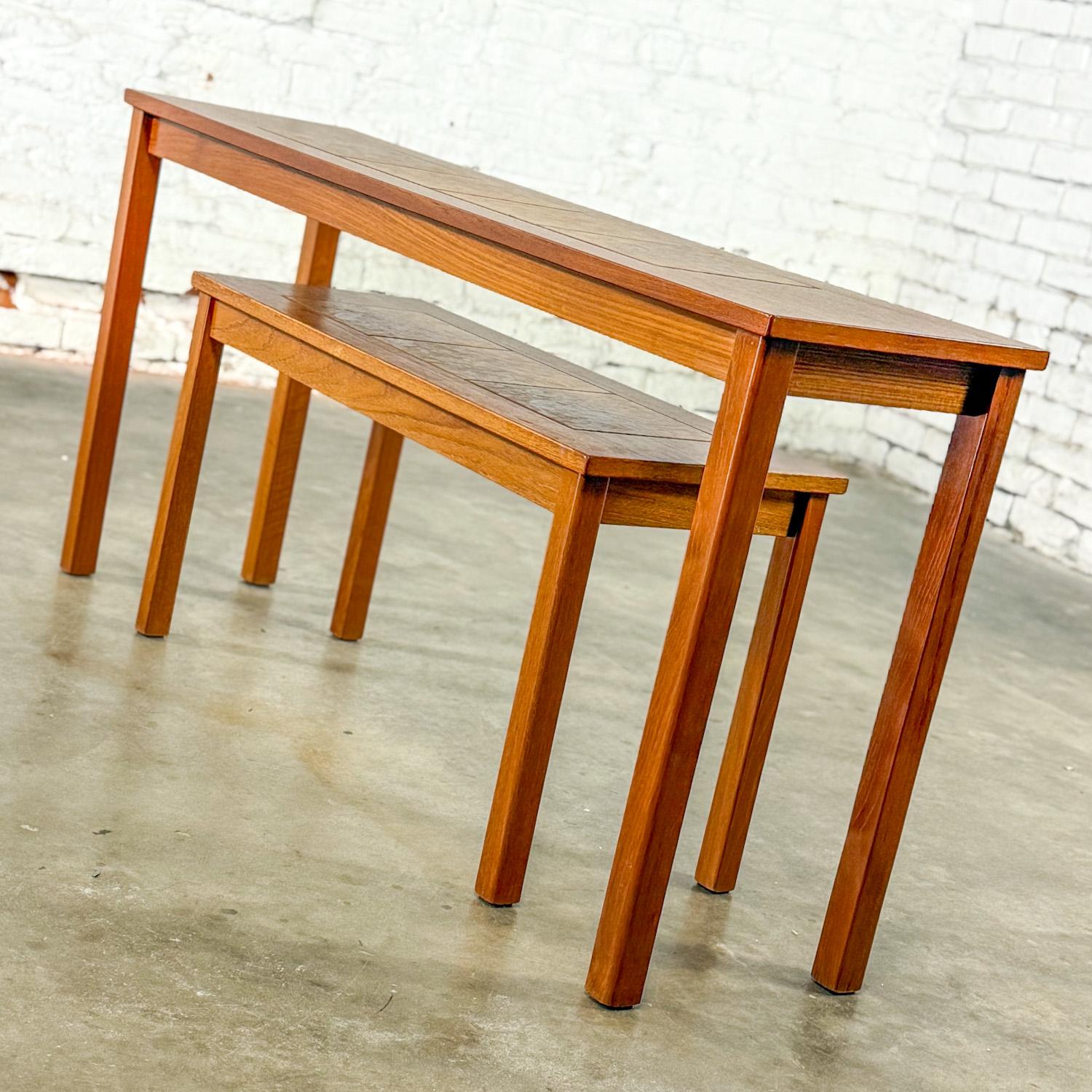 Ceramic Scandinavian Modern Pair of Teak Nesting Sofa Console Tables w/Tile Insert Tops For Sale