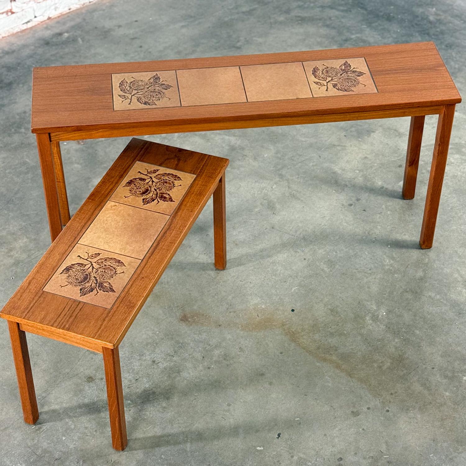 Scandinavian Modern Pair of Teak Nesting Sofa Console Tables w/Tile Insert Tops For Sale 1