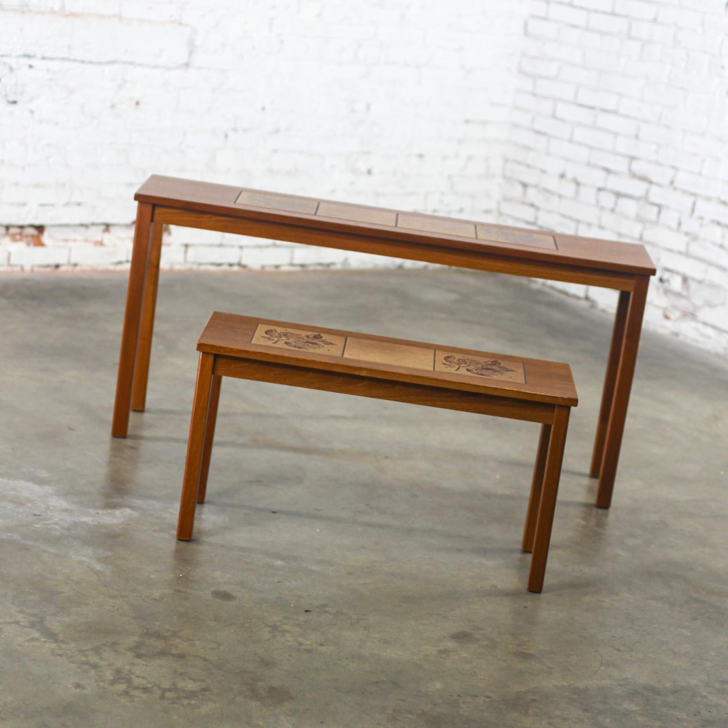 Scandinavian Modern Pair of Teak Nesting Sofa Console Tables w/Tile Insert Tops For Sale 3