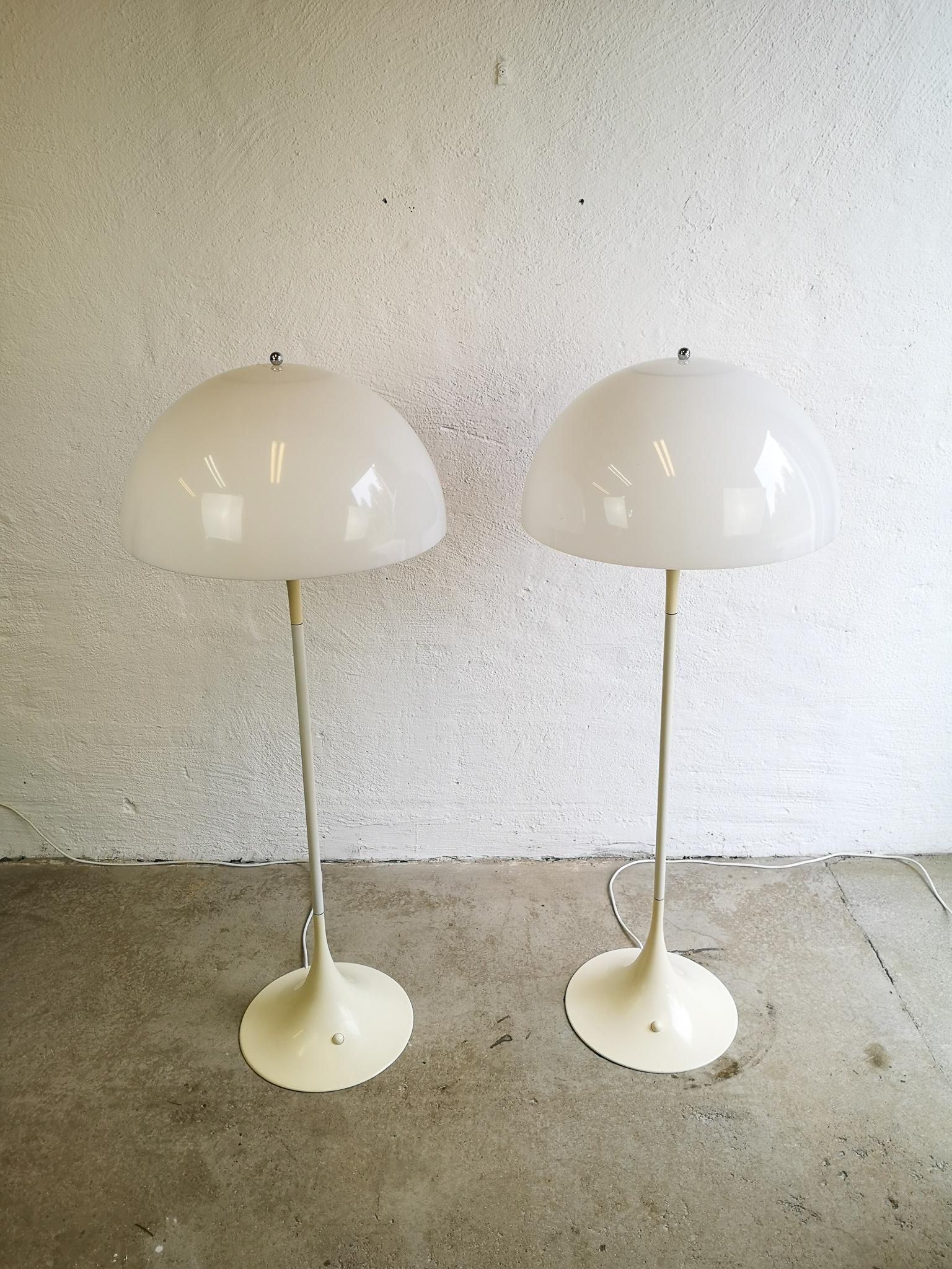 These two original Panthella lamps are made in Denmark for Louis Poulsen and designed by Verner Panton in the 1970s. They give that special ambient glow when lit. Shades are acrylic. There are two pieces available. And the price is for one