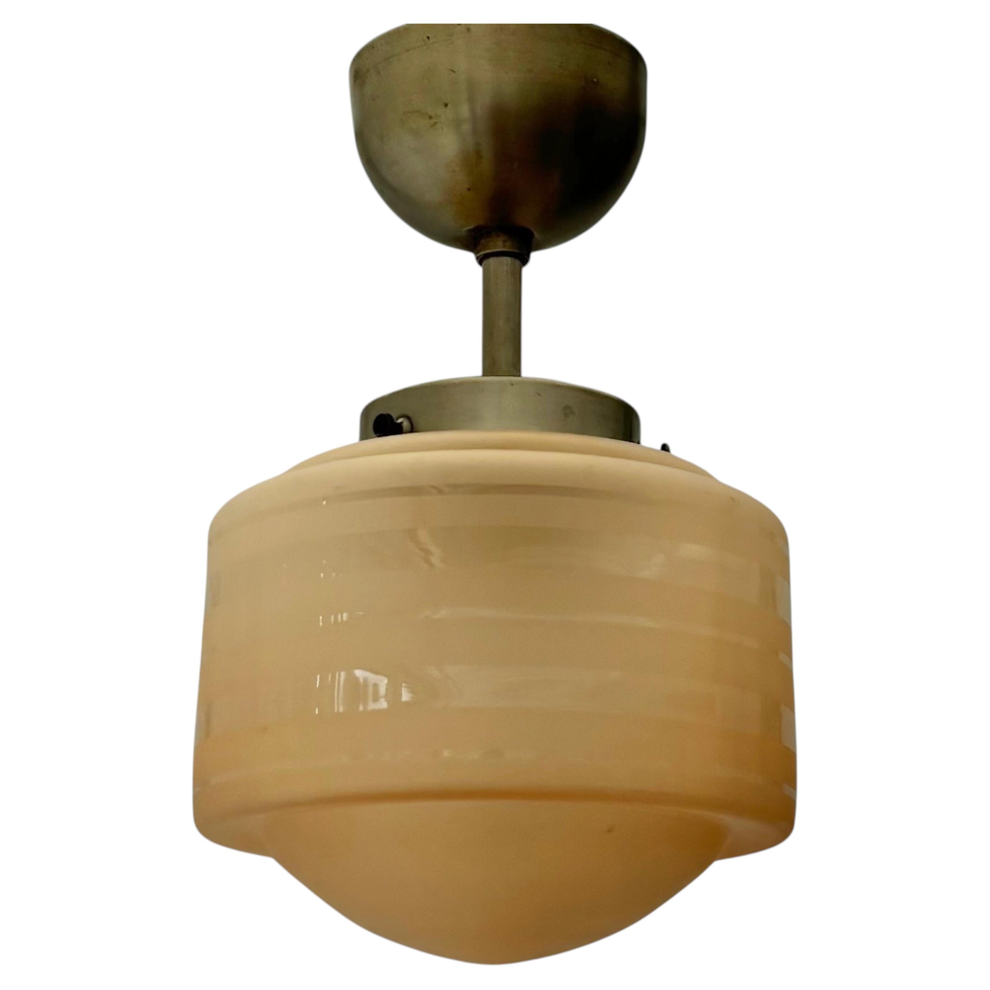 Scandinavian modern pendant lamp, Havana glass & steel, Sweden, 1930s For Sale