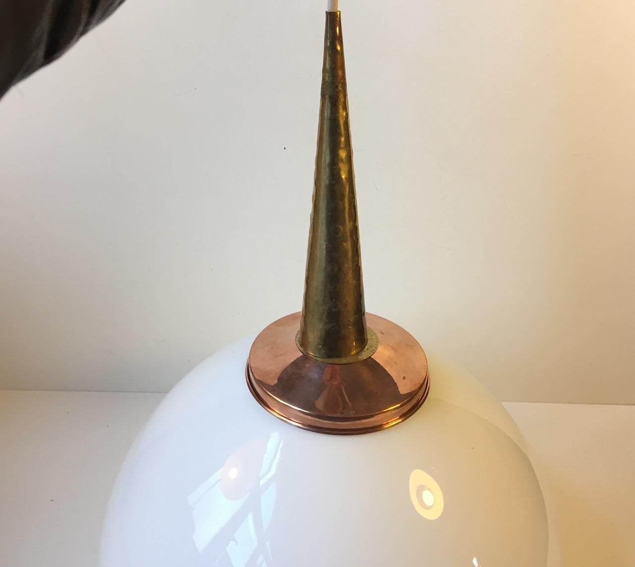 Scandinavian Modern Pendant Lamp in Opaline Glass, Copper and Brass, 1970s In Good Condition For Sale In Esbjerg, DK