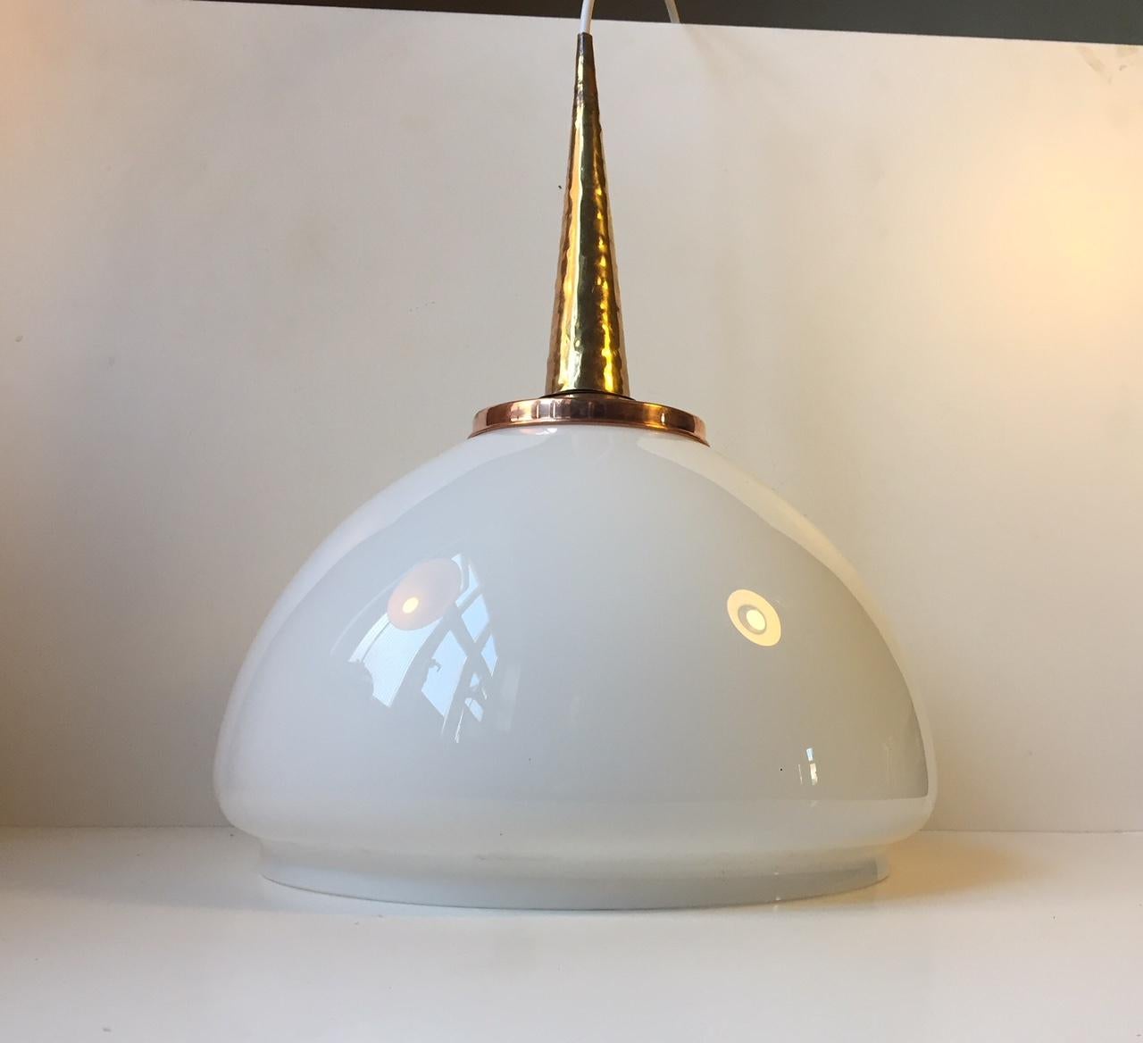 Mid-Century Modern Scandinavian Modern Pendant Light in Opaline Glass, Copper and Brass, 1970s