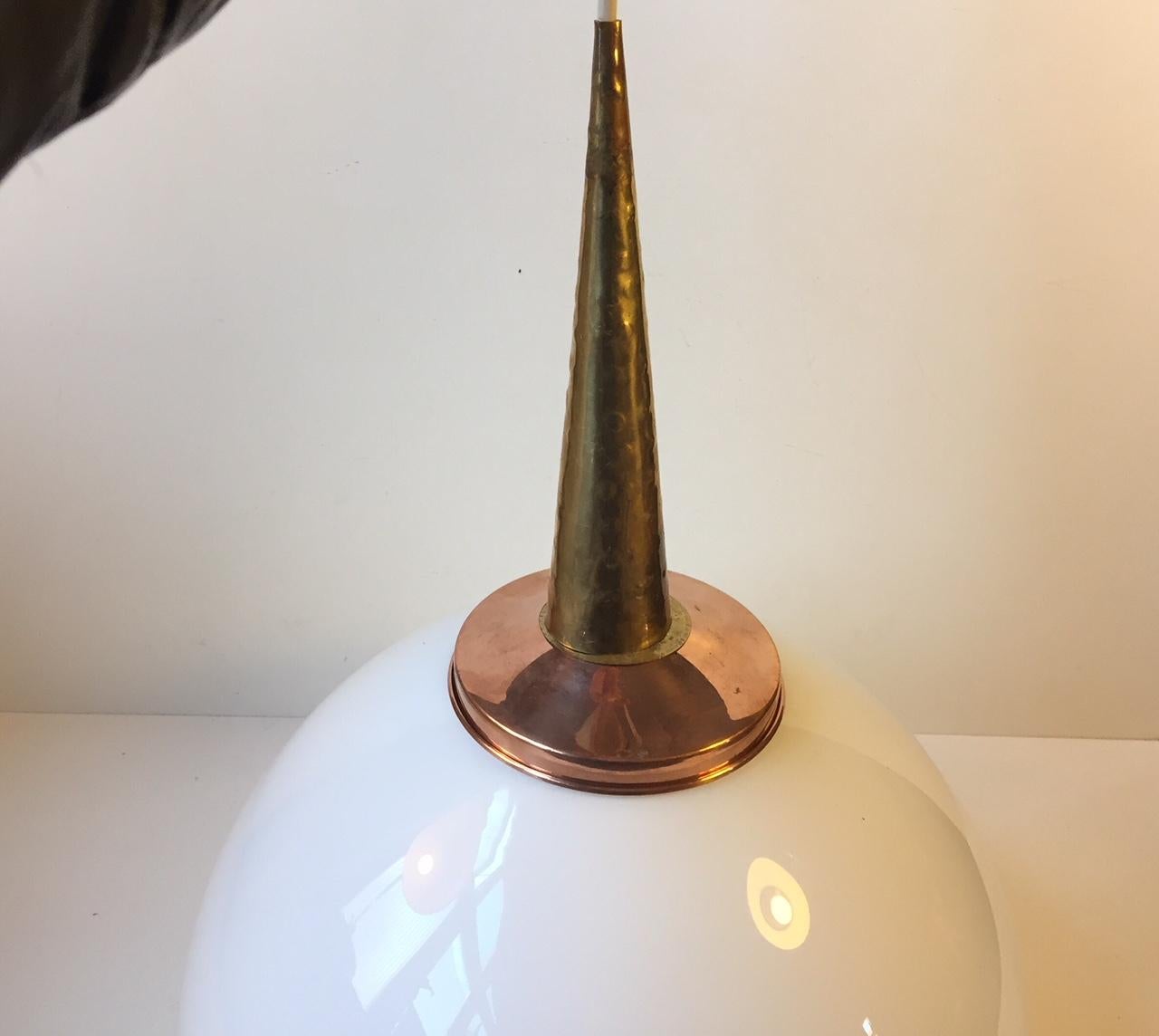 Scandinavian Modern Pendant Light in Opaline Glass, Copper and Brass, 1970s In Good Condition In Esbjerg, DK