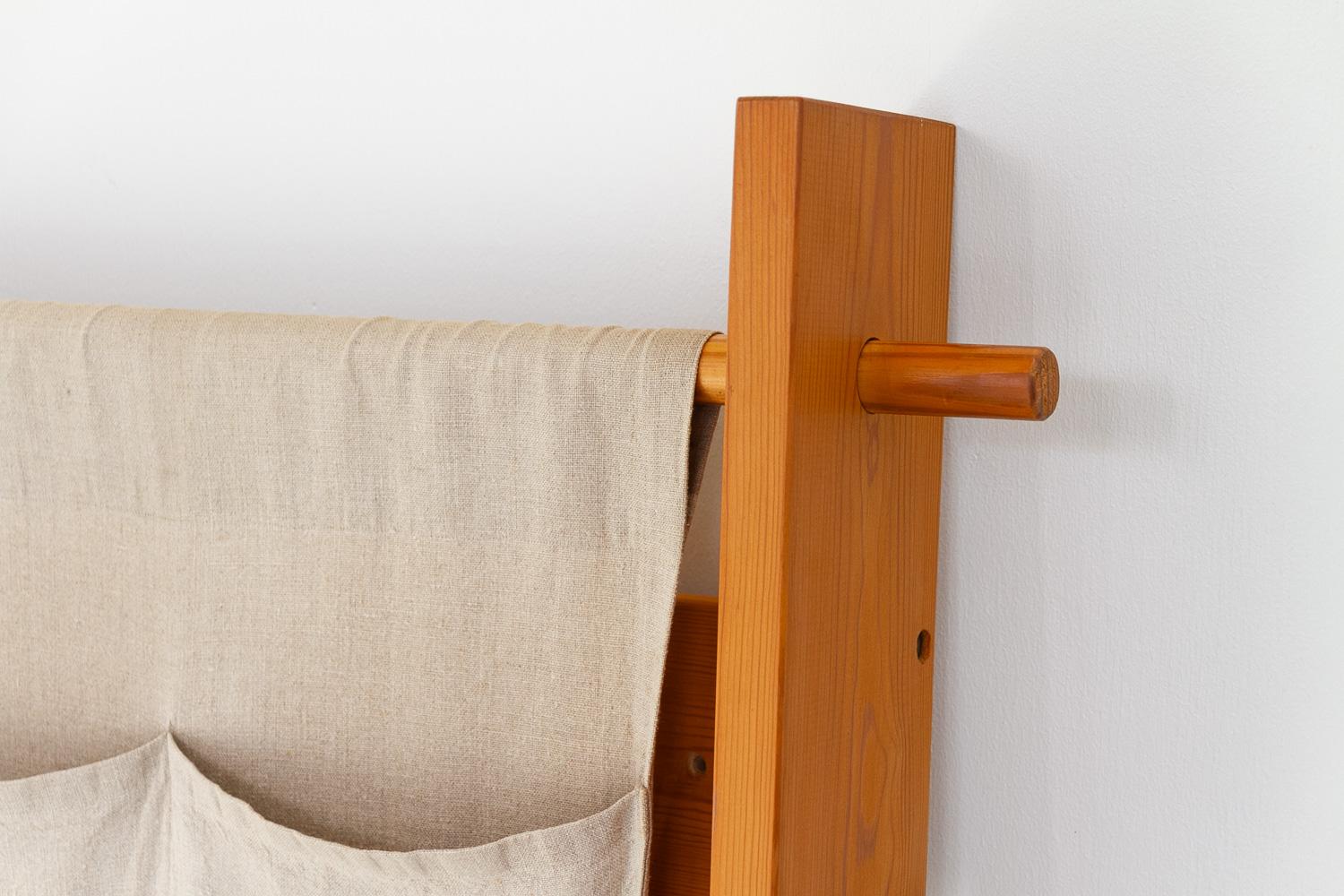 Danish Scandinavian Modern Pine and Canvas Magazine Rack, 1970s. For Sale