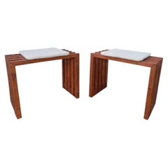 Scandinavian Modern Pine Slatted Benches With Shearling Cushions - A Pair