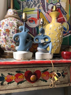 Scandinavian Modern Plaster Musician Lamp Pair in Blue, Fin Art, 1960s Atomic