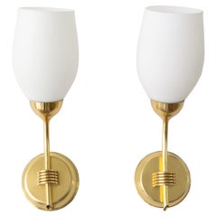Scandinavian Modern Polished Brass Opaline Glass Sconces Finland by Idman OY