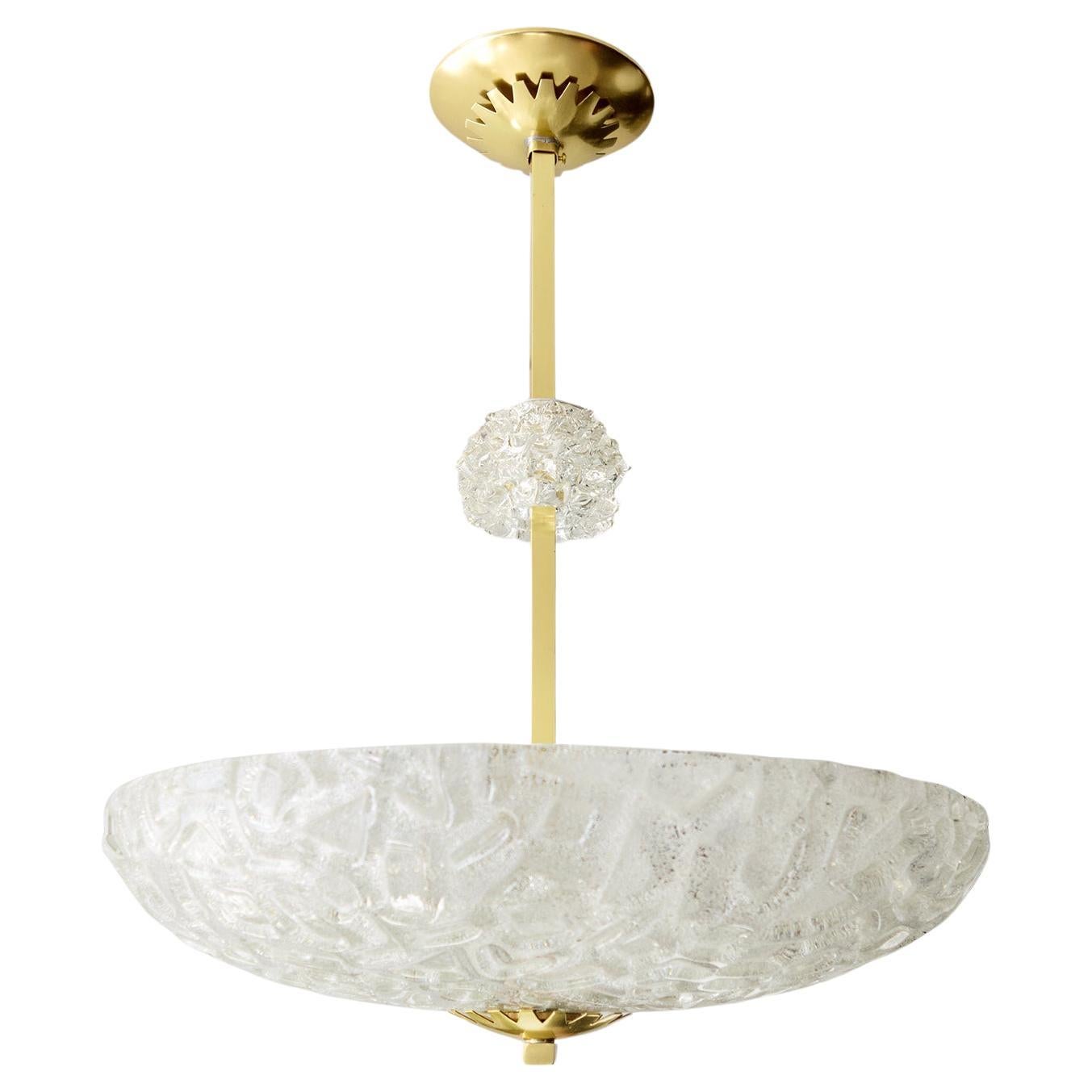 Scandinavian Modern Polished brass pendant with "Ice Glass" shade For Sale