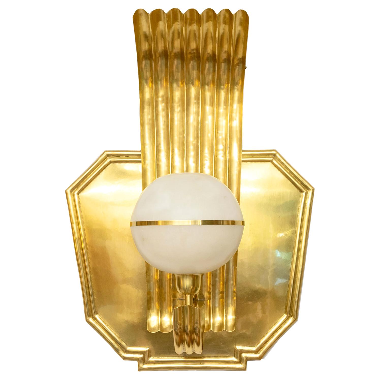 Scandinavian Modern Art Deco Polished Brass Sconce with Alabaster Globe Shade