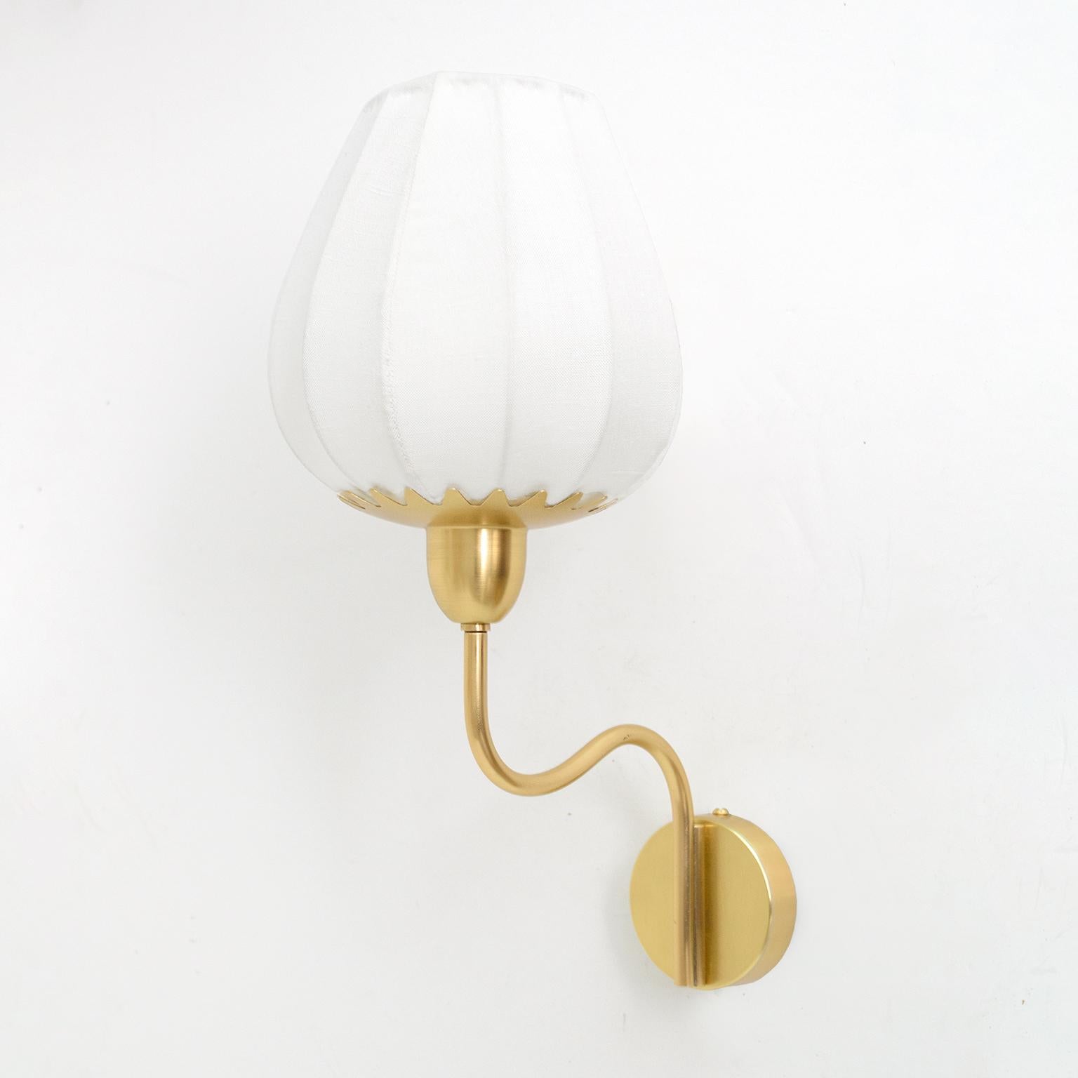 Scandinavian Modern Polished Brass Single Arm Sconces Newly Covered Linen Shades In Good Condition In New York, NY