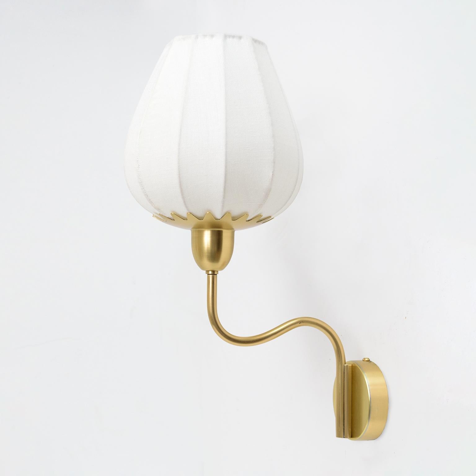 Scandinavian Modern Polished Brass Single Arm Sconces Newly Covered Linen Shades 2