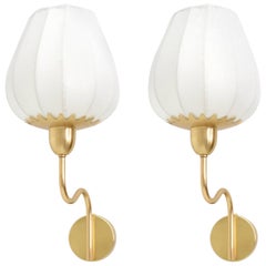 Scandinavian Modern Polished Brass Single Arm Sconces Newly Covered Linen Shades