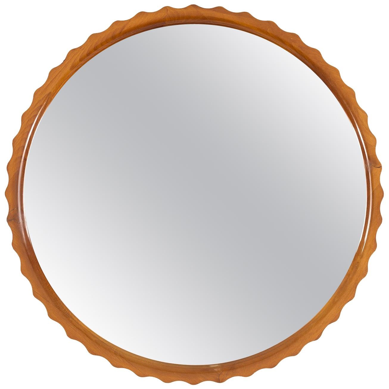 Scandinavian Modern Polished Solid Elmwood "Pie Crust" Mirror
