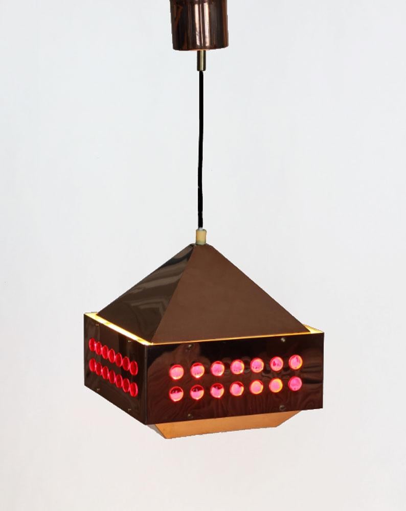 Scandinavian Modern rare pendant copper with glass decor by Hans Agne Jakobsson. An cool and edgy light , made in Sweden late 1950s. And in perfect shape. Hans-Agne Jakobsson (1919 - 2009) was an interior and furniture designer. Hes motto was 