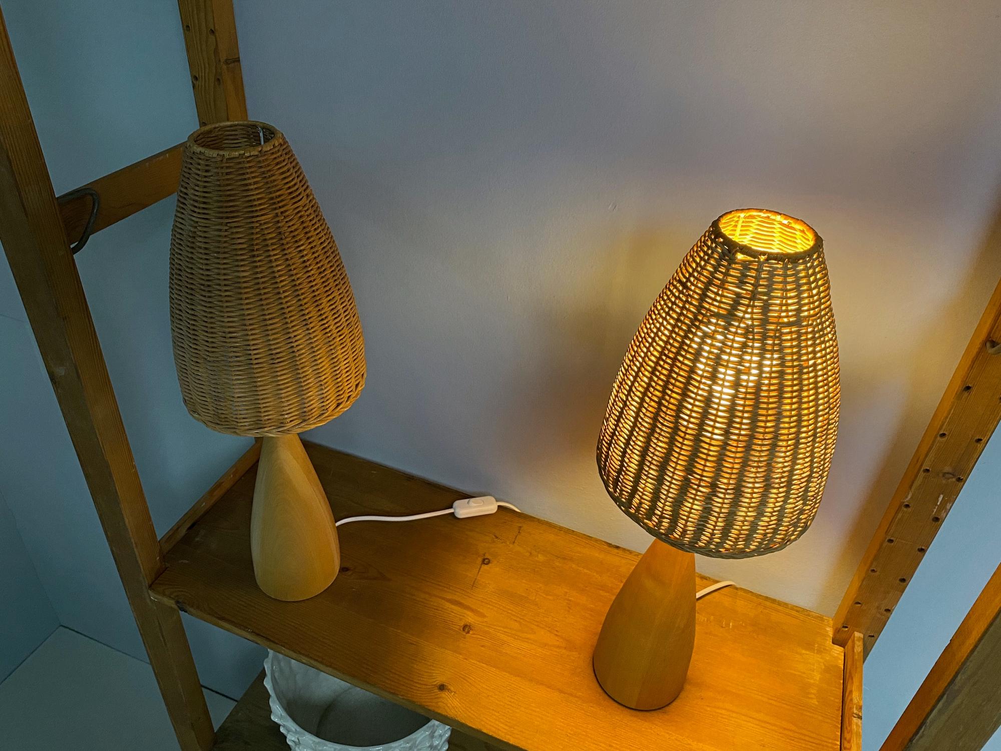 Late 20th Century Scandinavian Modern Rattan and Solid Walnut Organic Table Lamps, 1970s, Sweden