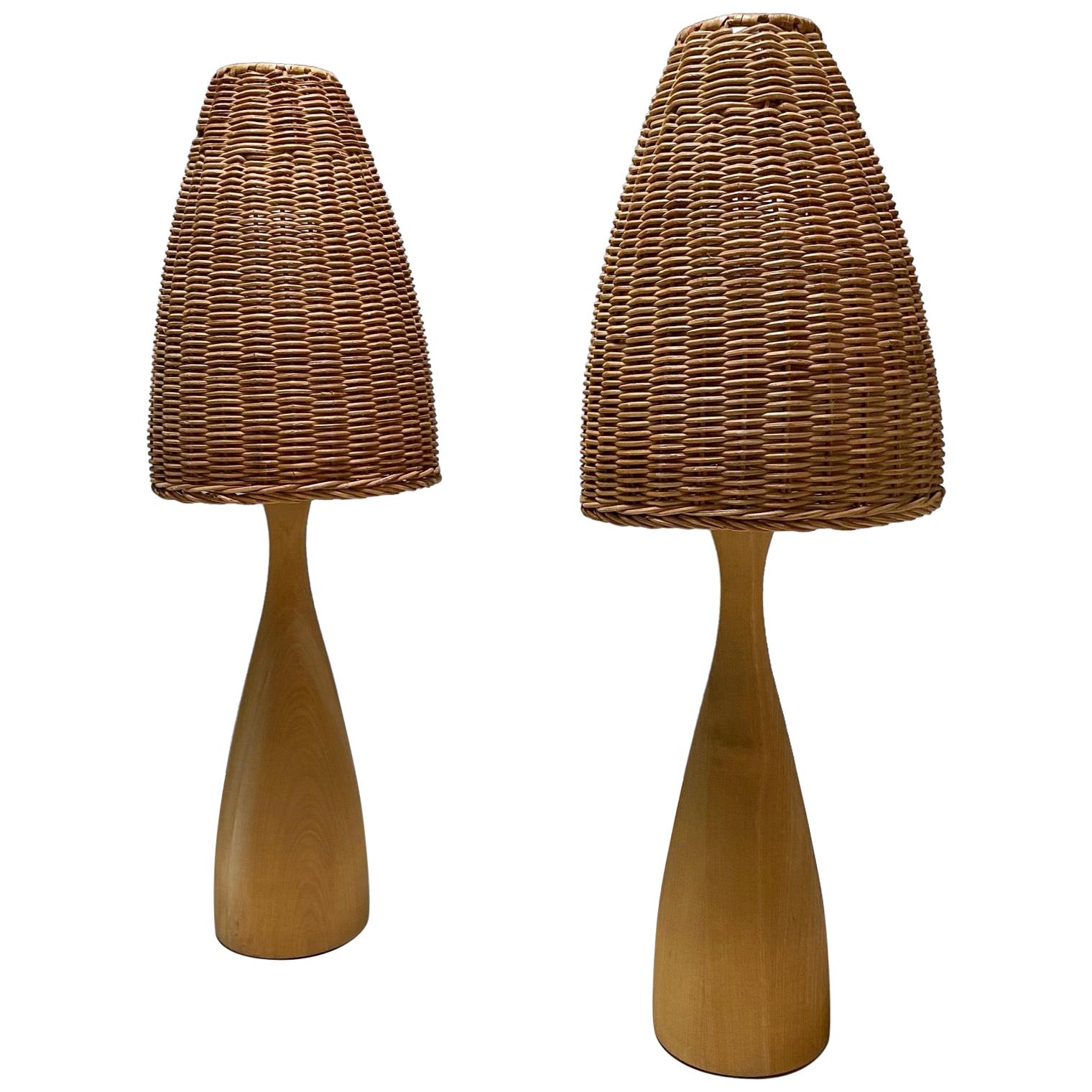 Scandinavian Modern Rattan and Solid Walnut Organic Table Lamps, 1970s, Sweden