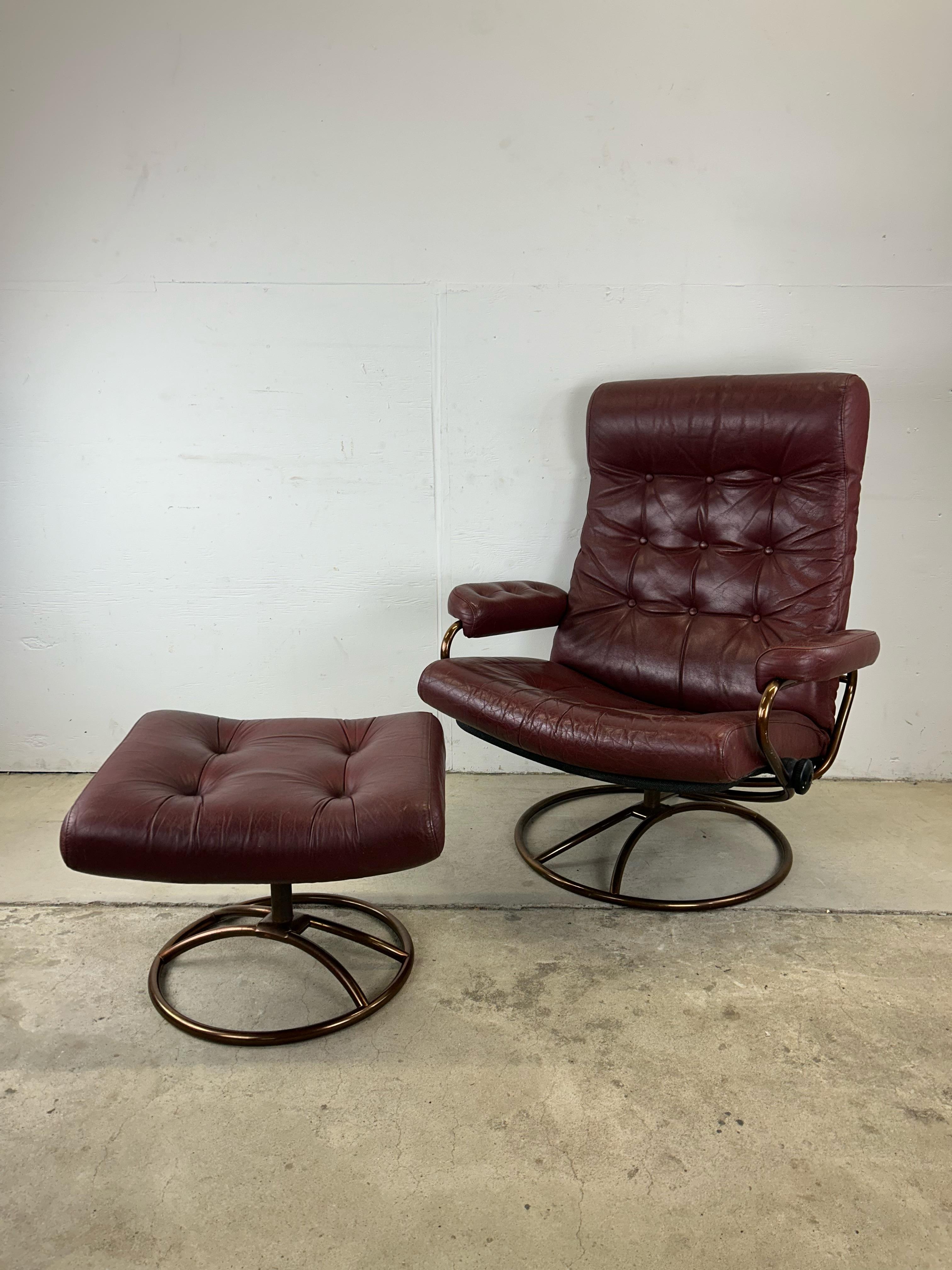 Norwegian Scandinavian Modern Red Leather Ekornes Stressless Recliner with Ottoman For Sale