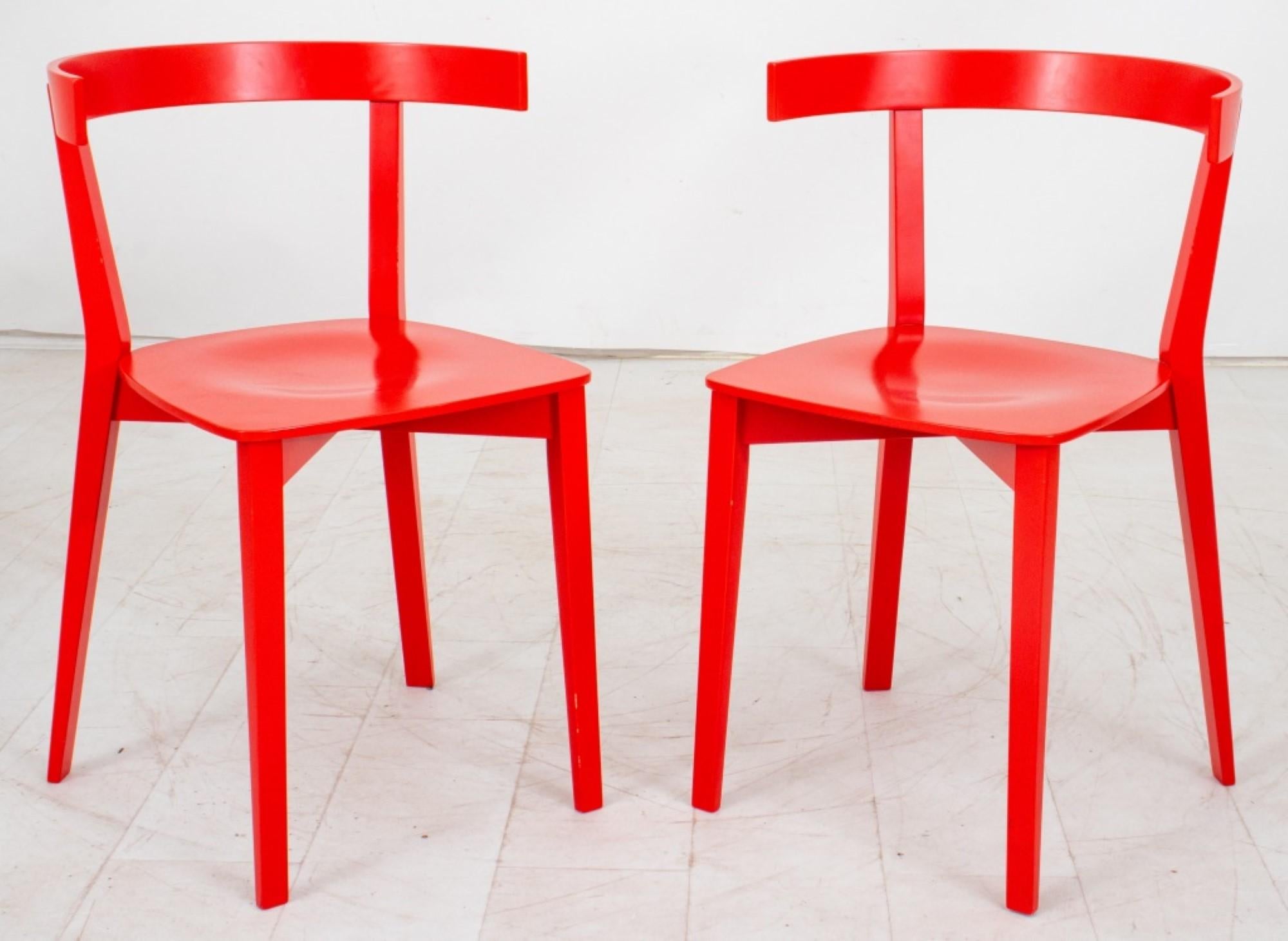 
The dimensions for the pair of Scandinavian Modern red plywood side chairs are approximately:

Height: 29 inches
Width: 18.75 inches
Depth: 17 inches
Seat Height: 18 inches