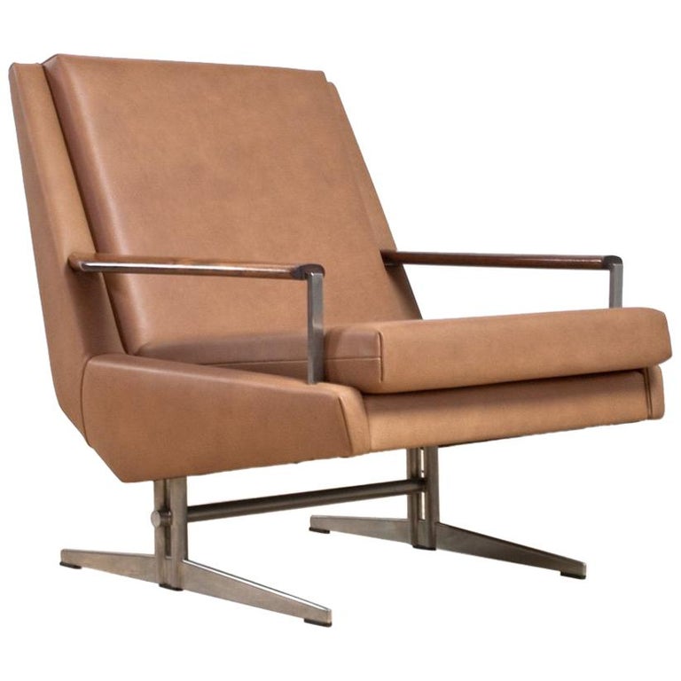 Scandinavian Modern Reupholstered Armchair In Tan Leather 1960s