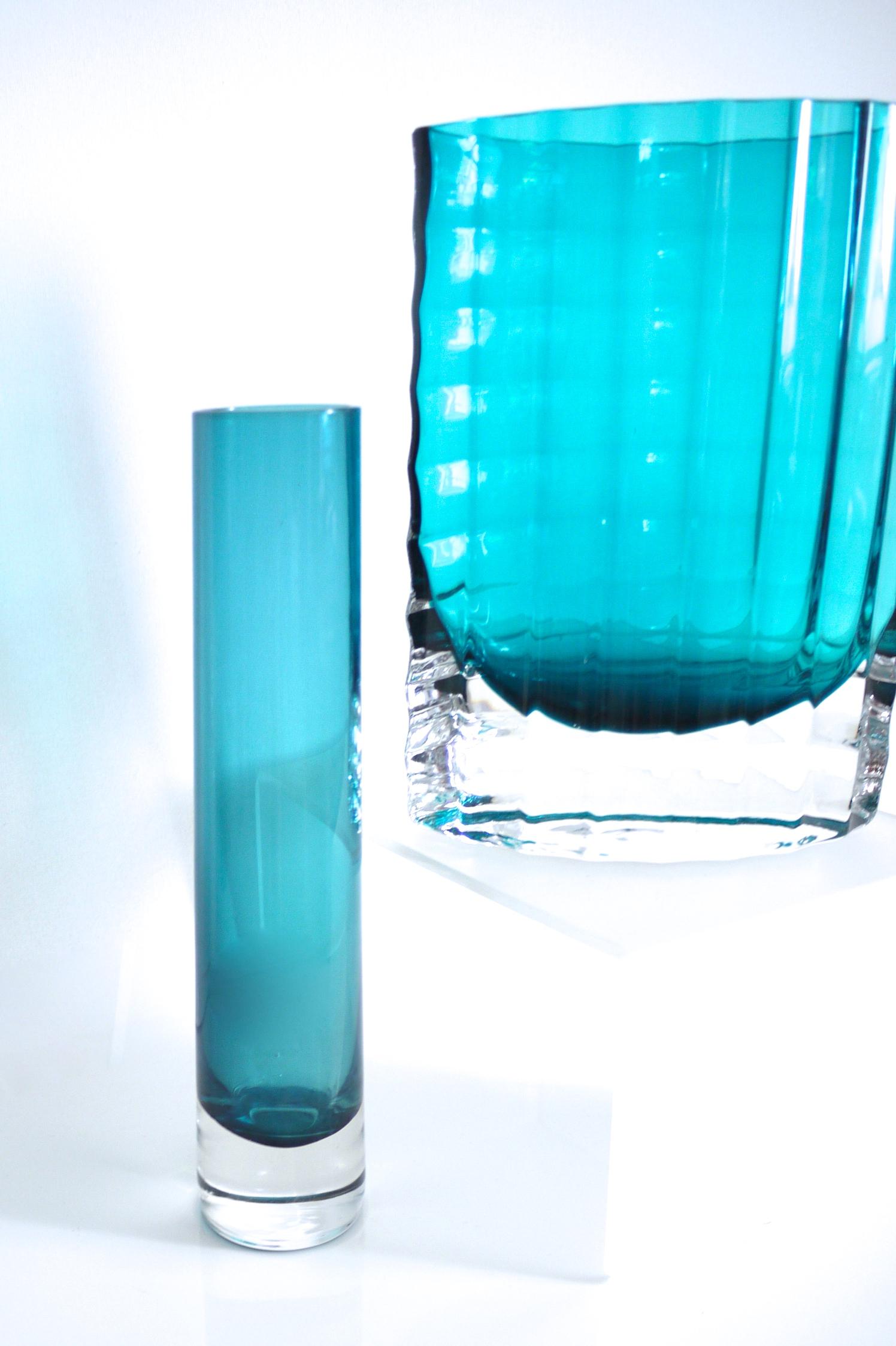 Swedish Scandinavian Modern Ribbed Elliptical Vase by Alsterbro 1960s, Sweden Glass Blue For Sale