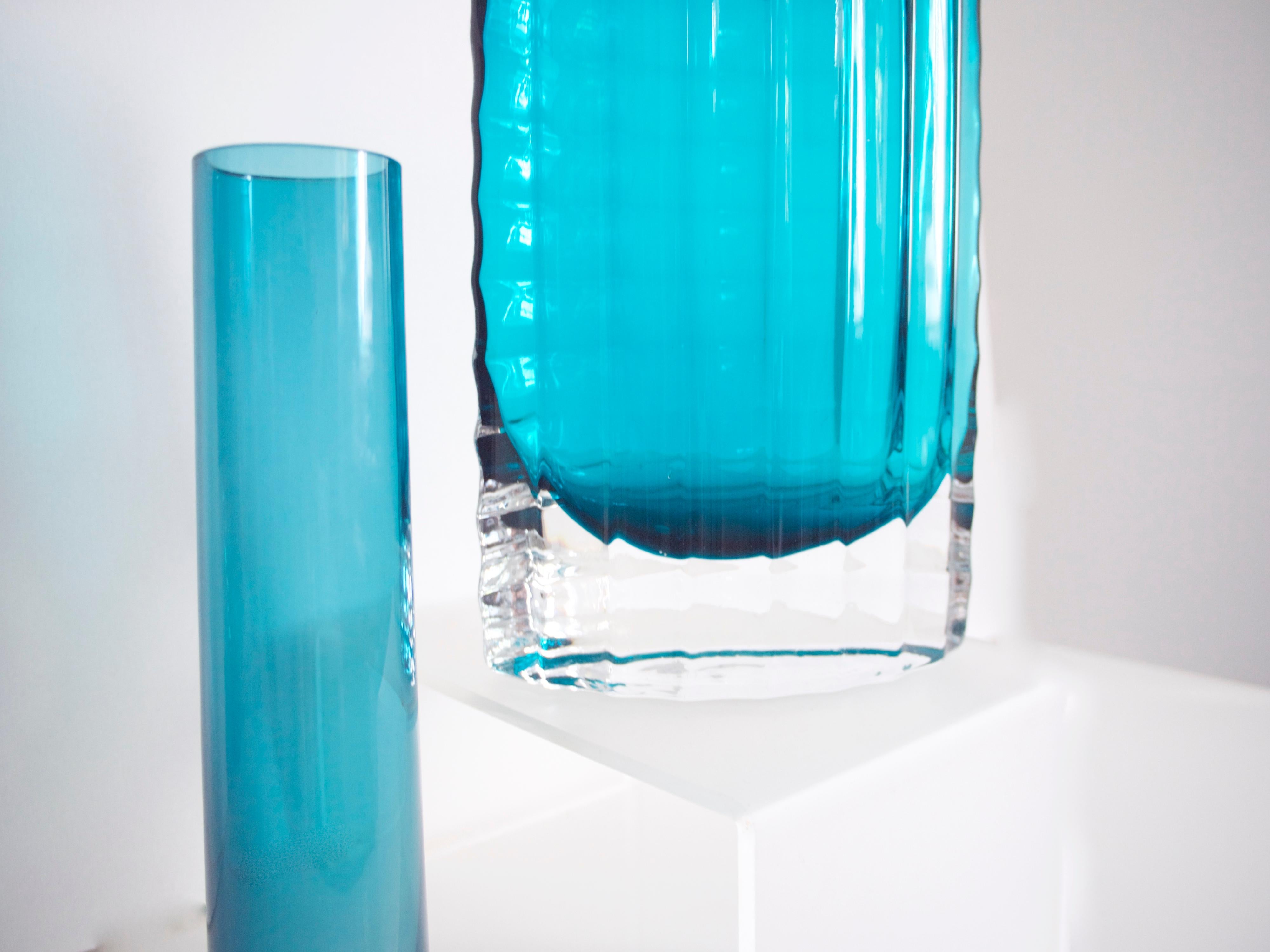 20th Century Scandinavian Modern Ribbed Elliptical Vase by Alsterbro 1960s, Sweden Glass Blue For Sale