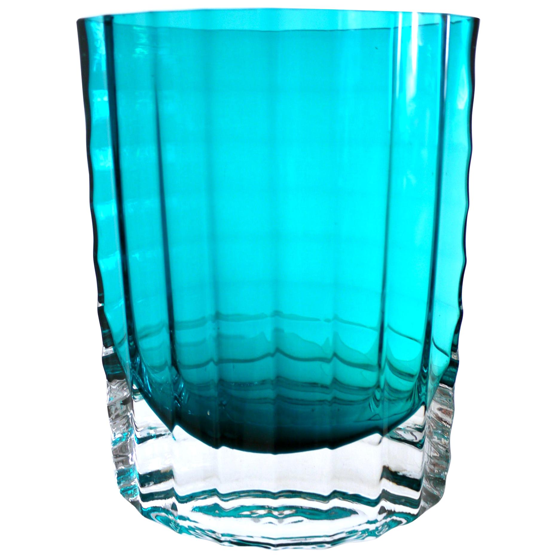 Scandinavian Modern Ribbed Elliptical Vase by Alsterbro 1960s, Sweden Glass Blue For Sale
