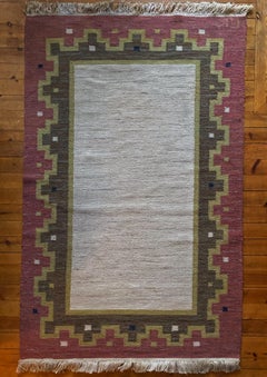Scandinavian Modern Röllakan Pink and White Flatweave Rug, Sweden, 1960s