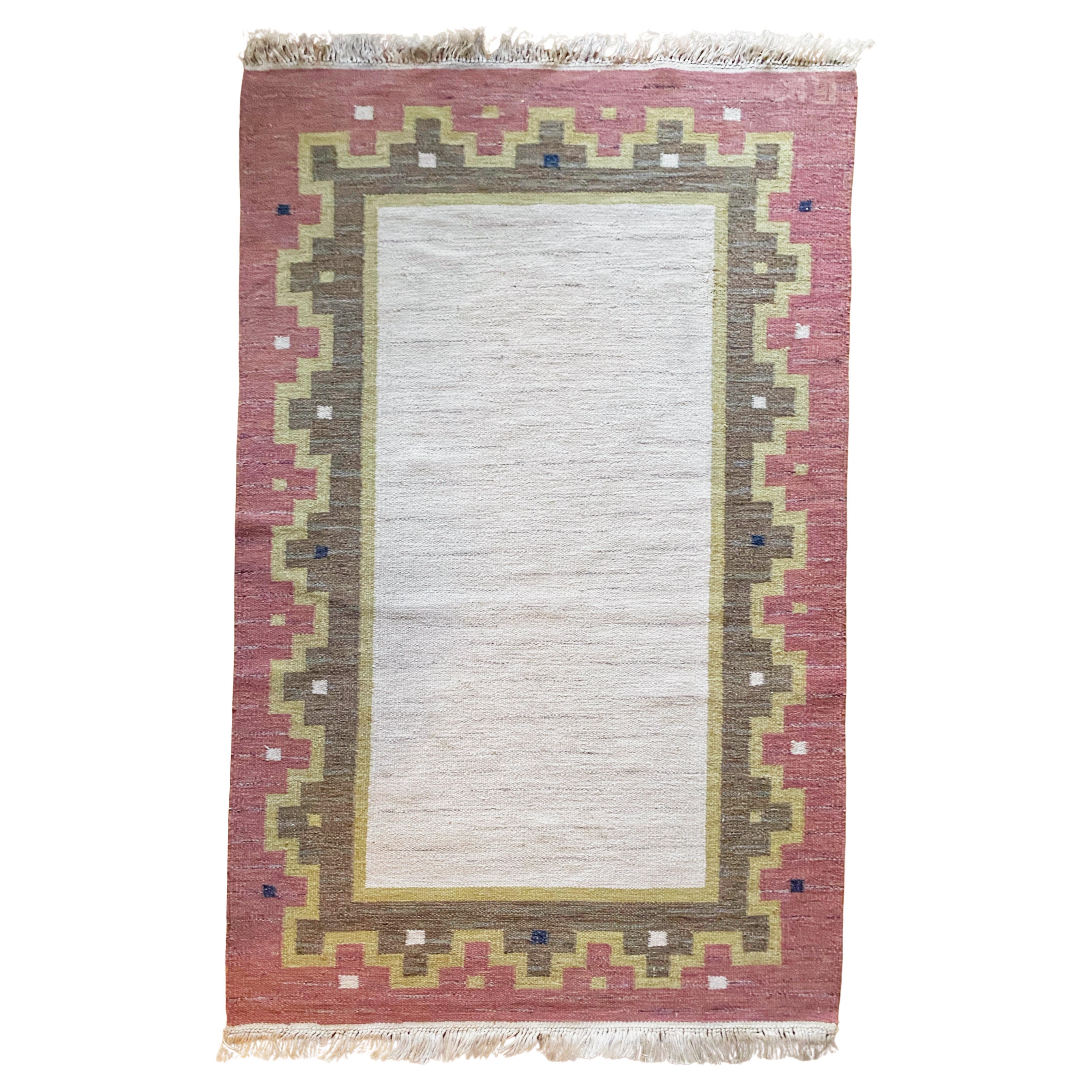 Scandinavian Modern Röllakan Pink and White Flatweave Rug, Sweden, 1960s