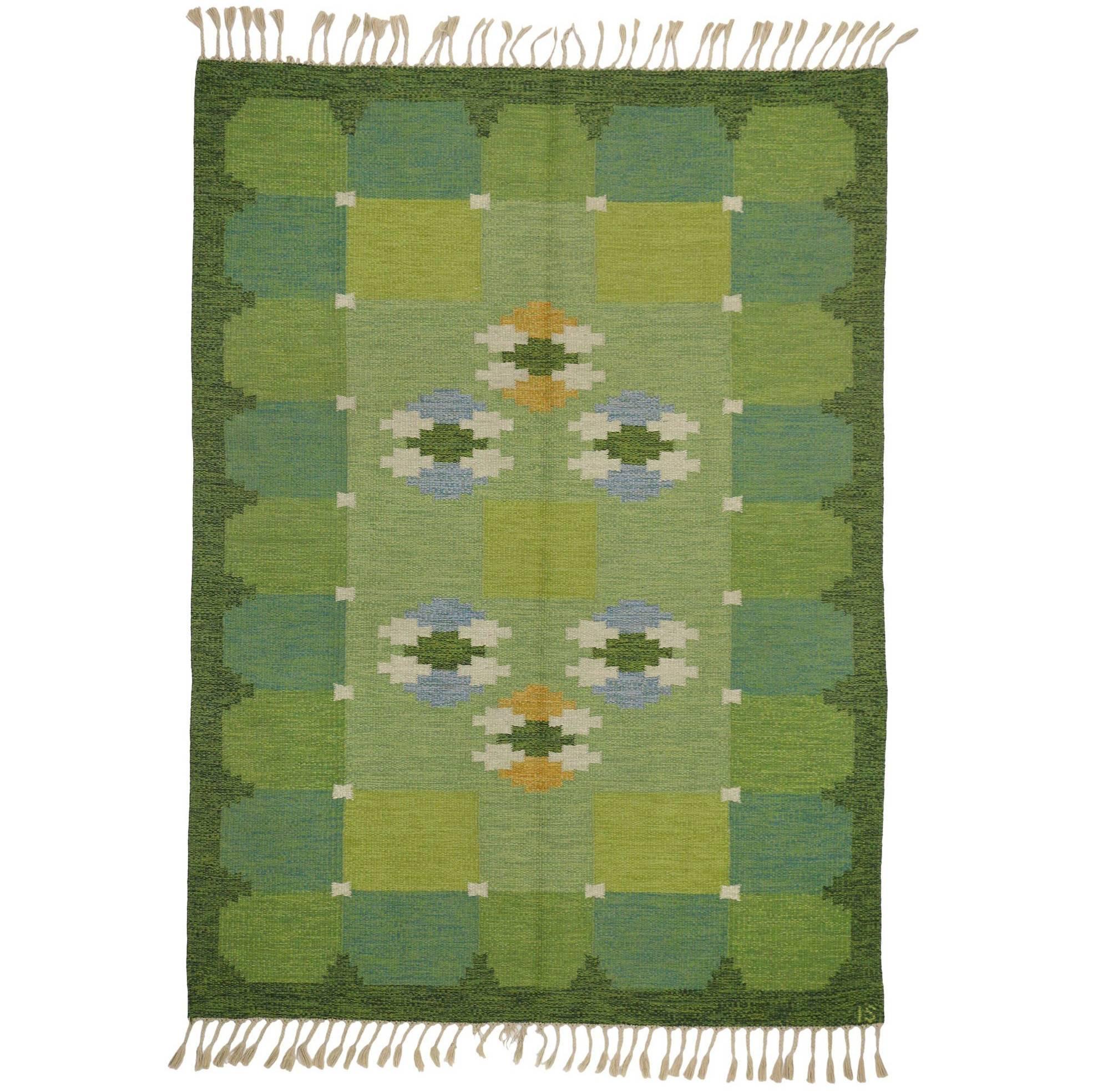 Scandinavian Modern Rollakan by Ingegerd Silow, Swedish Flat-Weave Kilim Rug