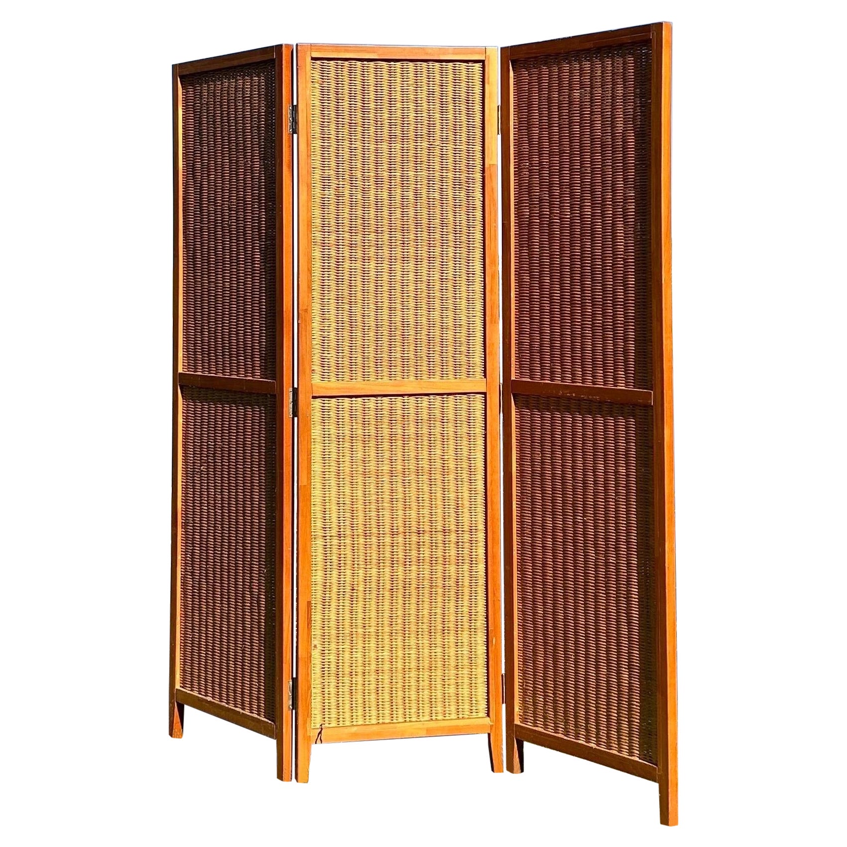 Scandinavian Modern Room Divider in Beech and Rattan