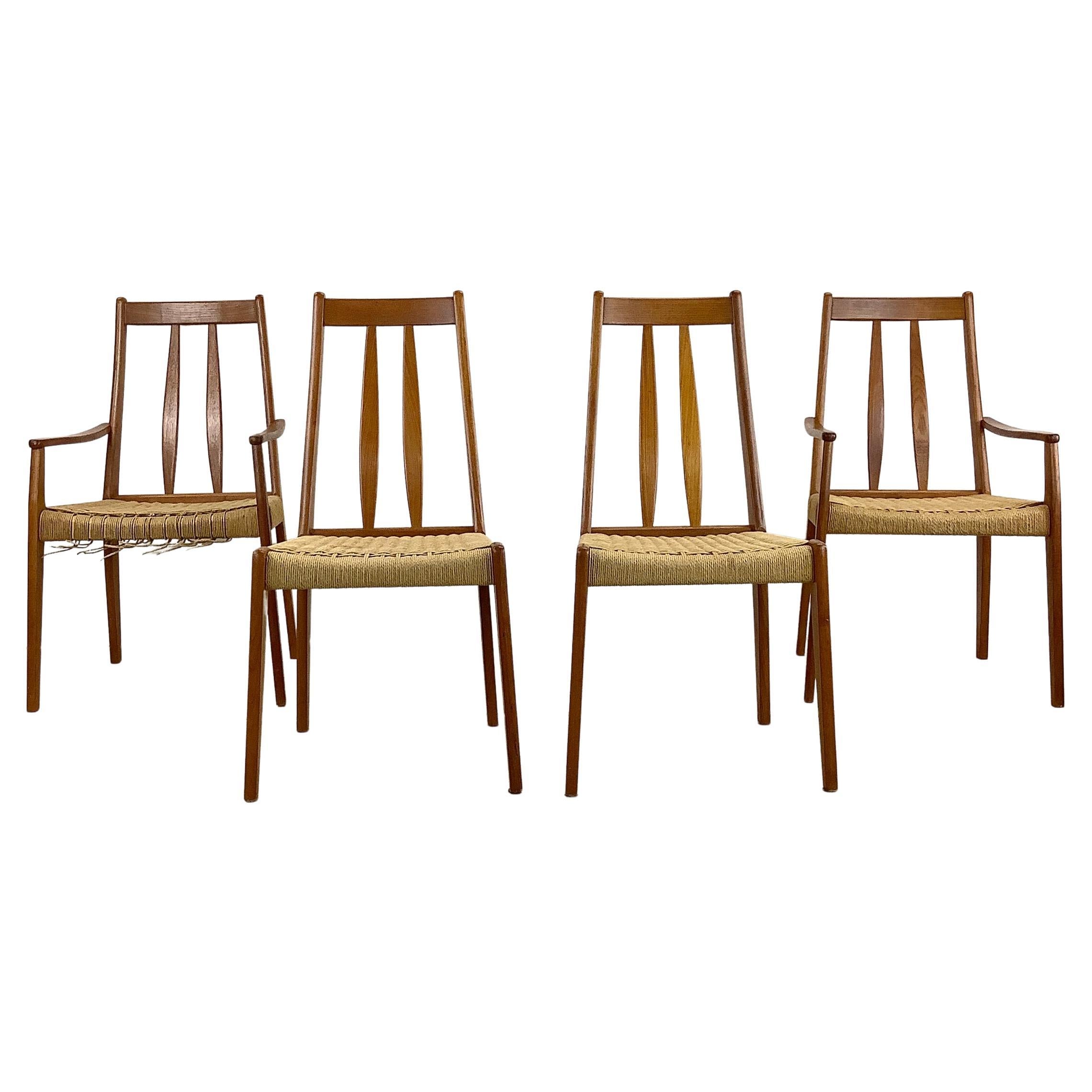 Scandinavian Modern Rope Seat Teak Dining Chairs, Set of Four