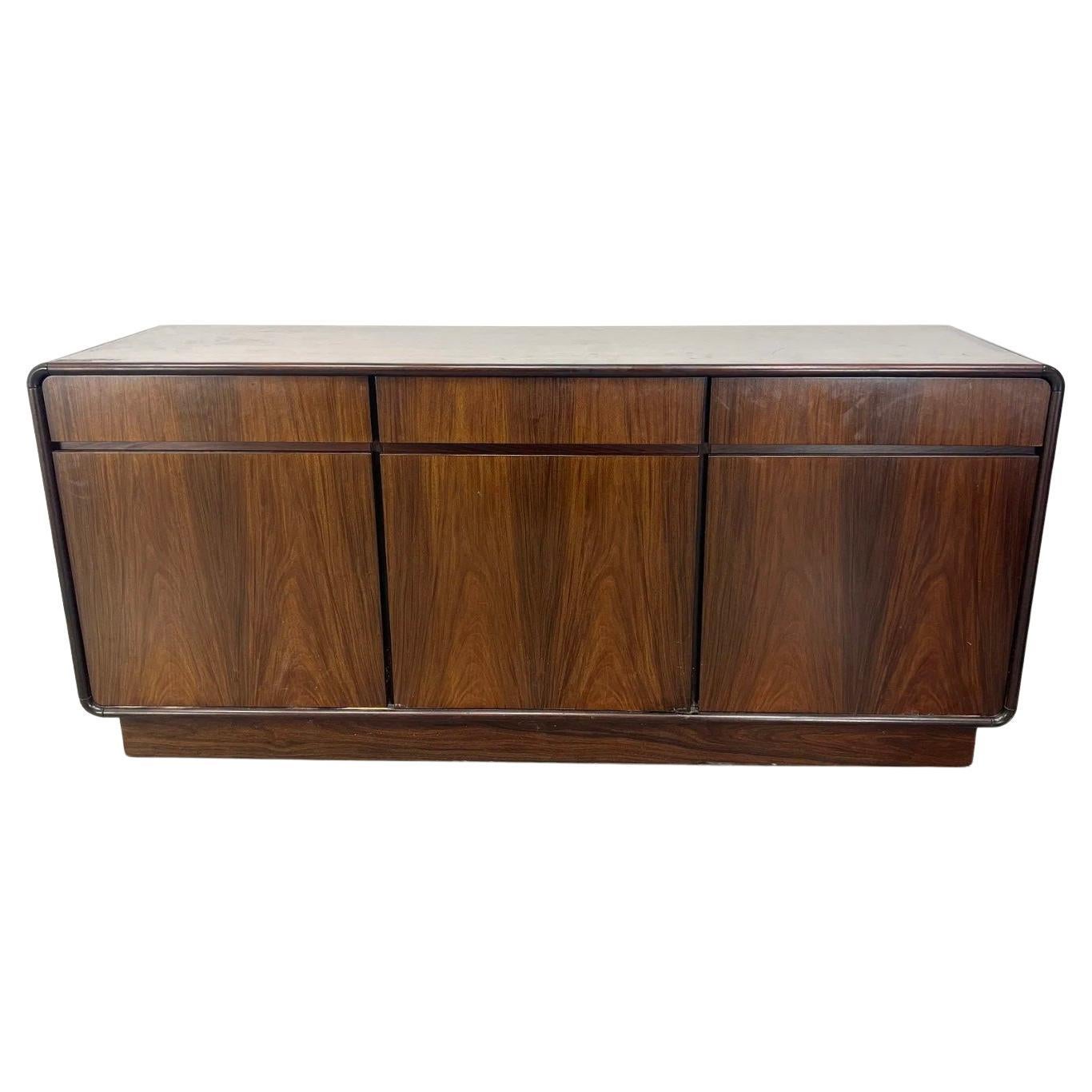 Scandinavian Modern rosewood 3 drawer 3 door credenza rounded corners For Sale