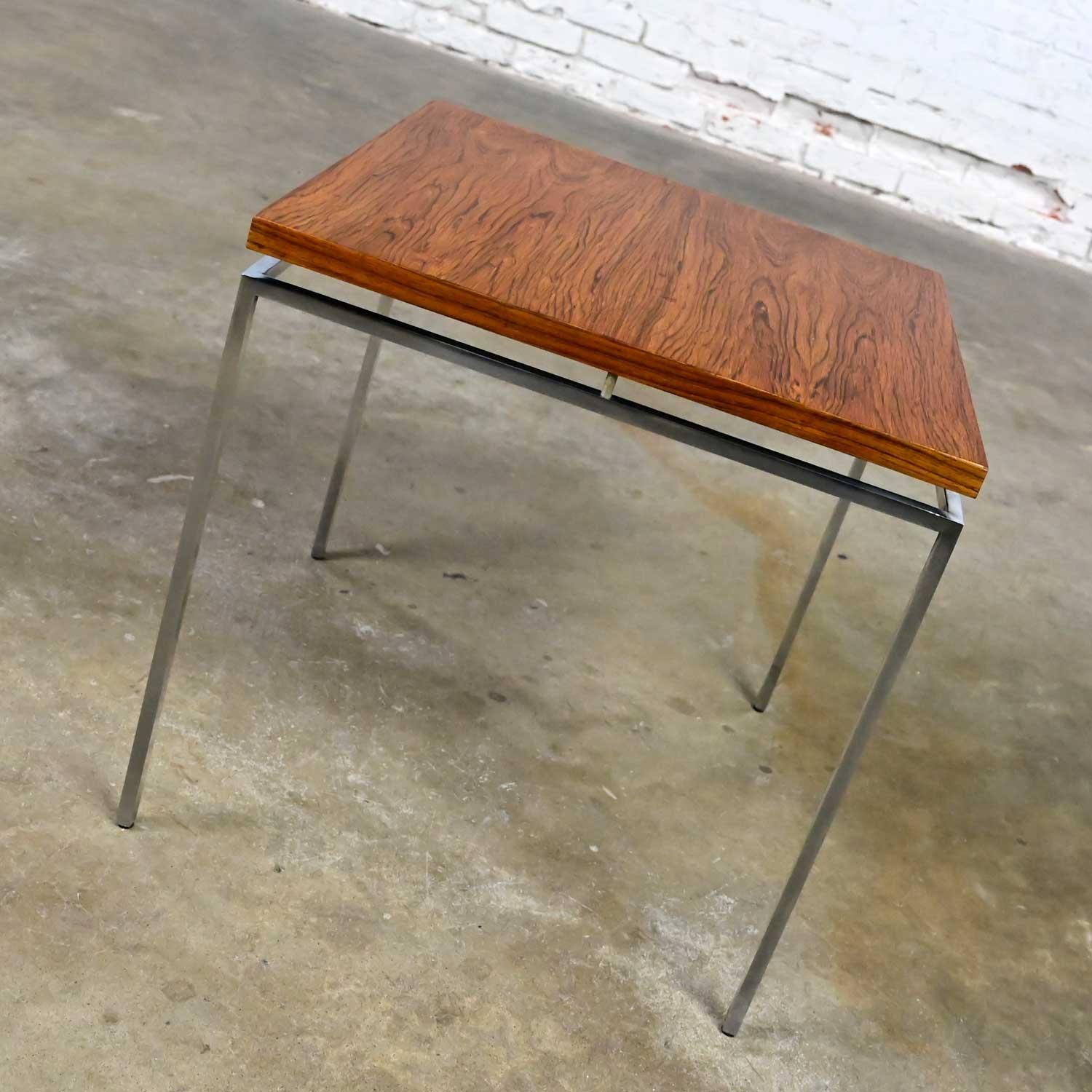 Sleek vintage Scandinavian Modern solid rosewood & chrome minimalist end table with floating top by Knud Joos for Jason Mobler. Beautiful condition, keeping in mind that this is vintage and not new so will have signs of use and wear. The aluminum