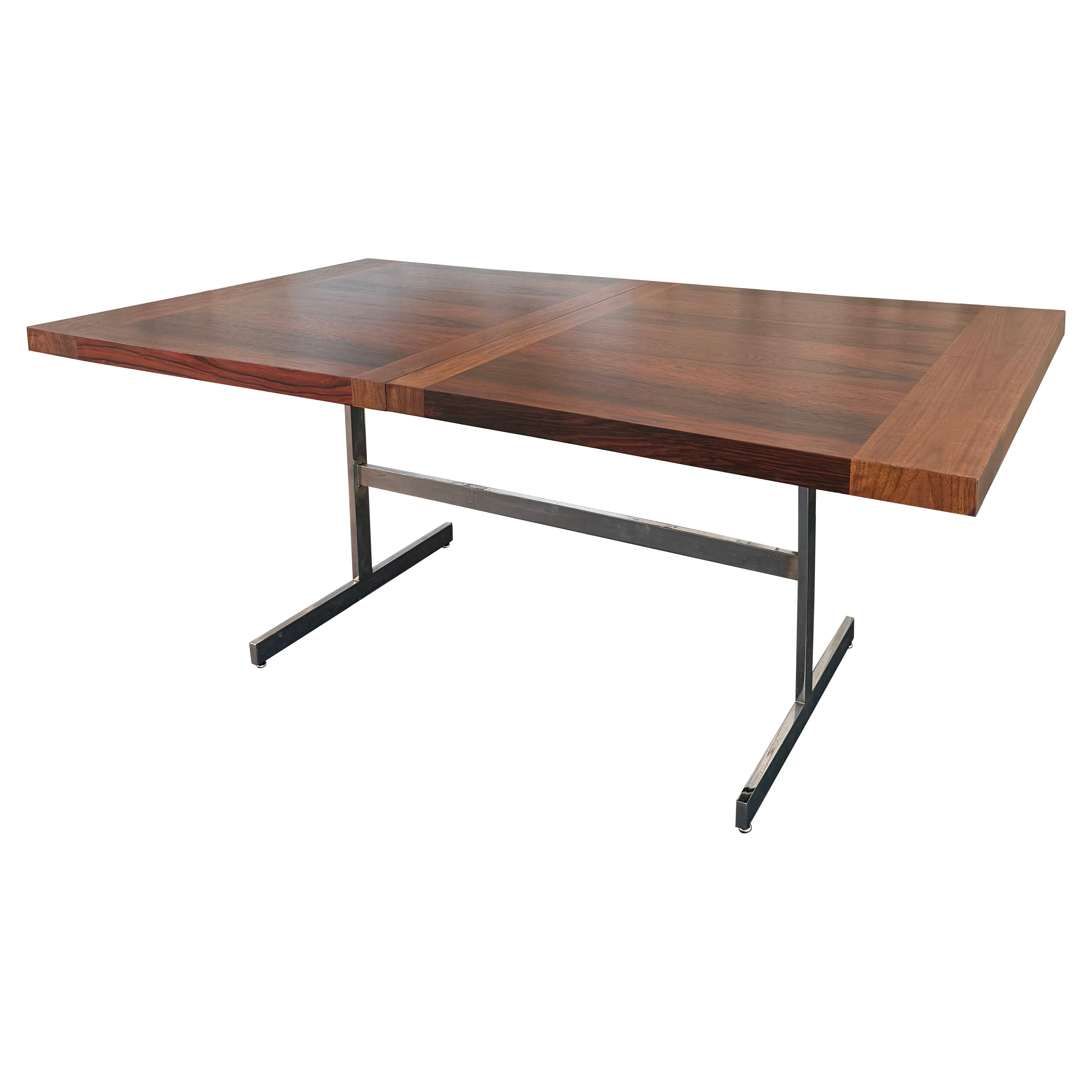 Scandinavian Modern Rosewood Chrome Trestle Extension Dining Table