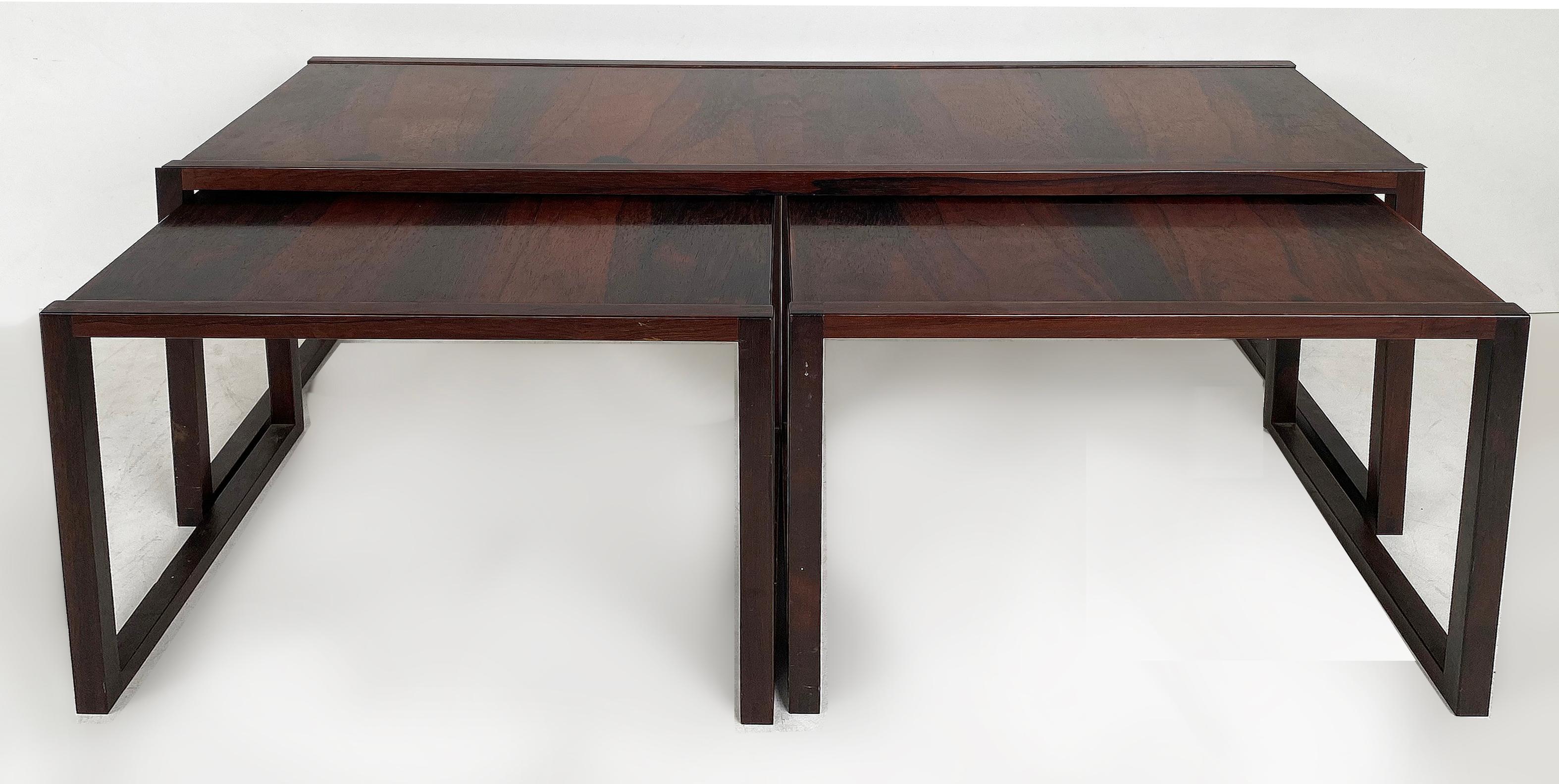 Scandinavian Modern Rosewood Coffee Nest Side Tables, Illegibly Signed In Good Condition For Sale In Miami, FL
