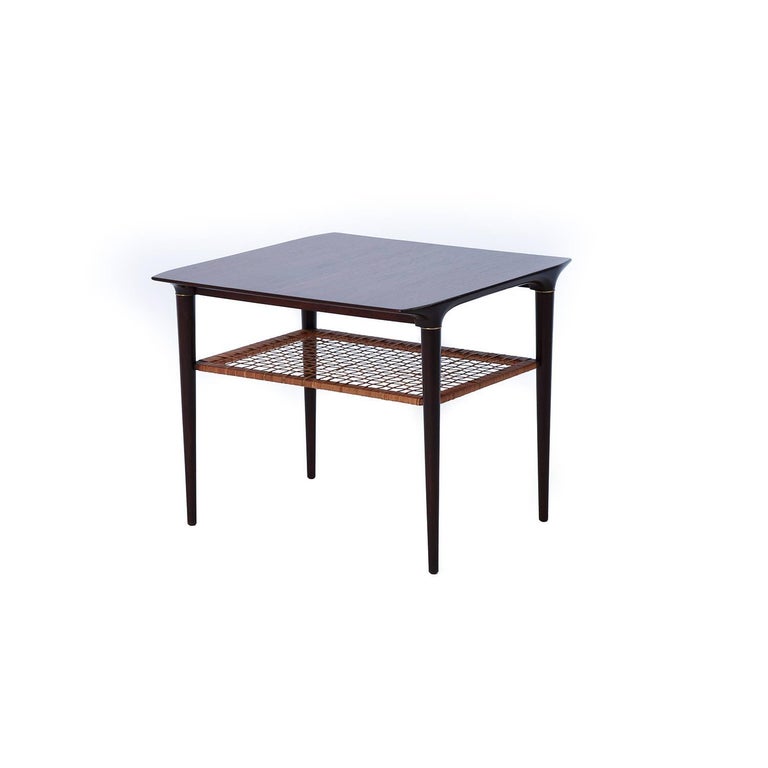 Scandinavian Modern Rosewood Corner Table with Tapered Legs and Cane