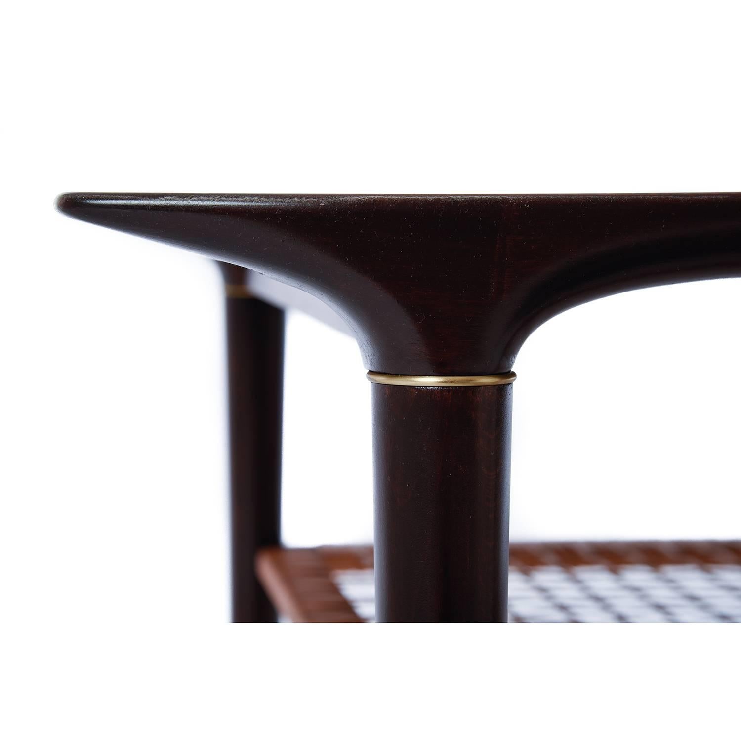 Scandinavian Modern Rosewood Corner Table with Tapered Legs and Cane Shelf In Excellent Condition In Minneapolis, MN