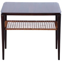 Scandinavian Modern Rosewood Corner Table with Tapered Legs and Cane Shelf
