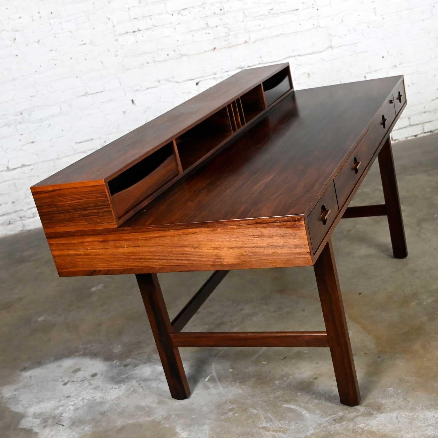 Brass Scandinavian Modern Rosewood Flip Top Exec, Partners Desk by Peter Lovig Nielsen